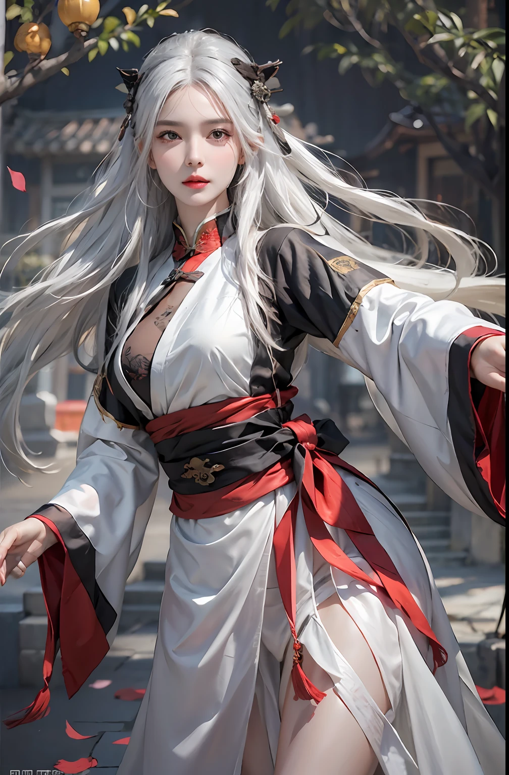 photorealistic, high resolution, 1women, solo, hips up, look at viewer, (detailed face), white hair, long hair, medium breasts, Taoist,Chinese immortal clothes