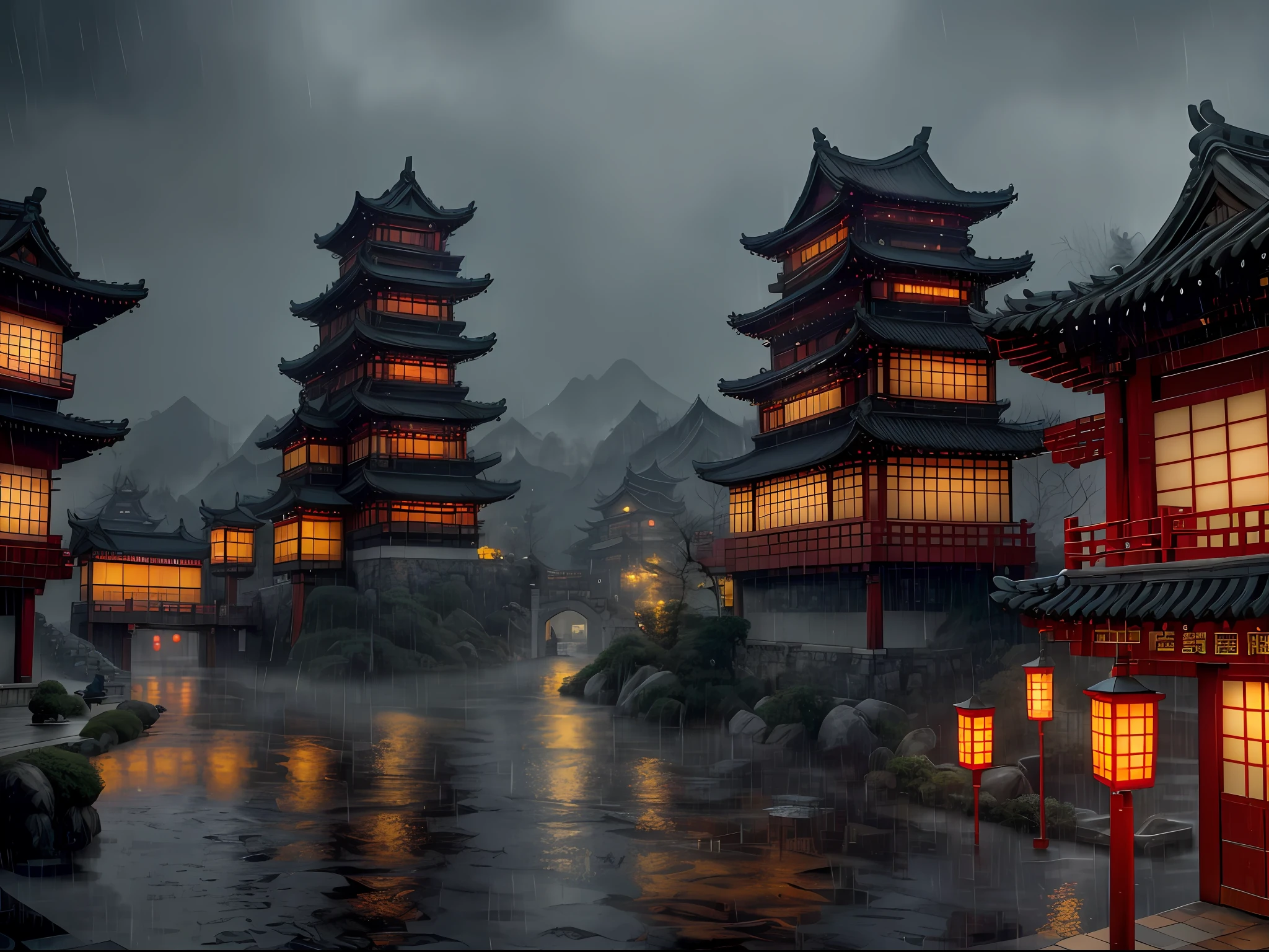 Photorealista, hightquality, masterpiece, Film composition, (Towns and monsters),Rough village with many lights on the buildings々Nice view, (grotesque monsters,There are monsters in town,Monsters are hiding),dreamy Chinese towns、Chinese Village、amazing wallpapers、Japan、Japan Village、Ultra-realistic town photos、Old Asian Village、japanese city,By Raymond Han、rainy evening、Futuristic Chinese castle、beautifully lit buildings、Evening in the rain、Beautifully Aesthetic、a picture、film like、8K、high detal ((Heavy rain)))