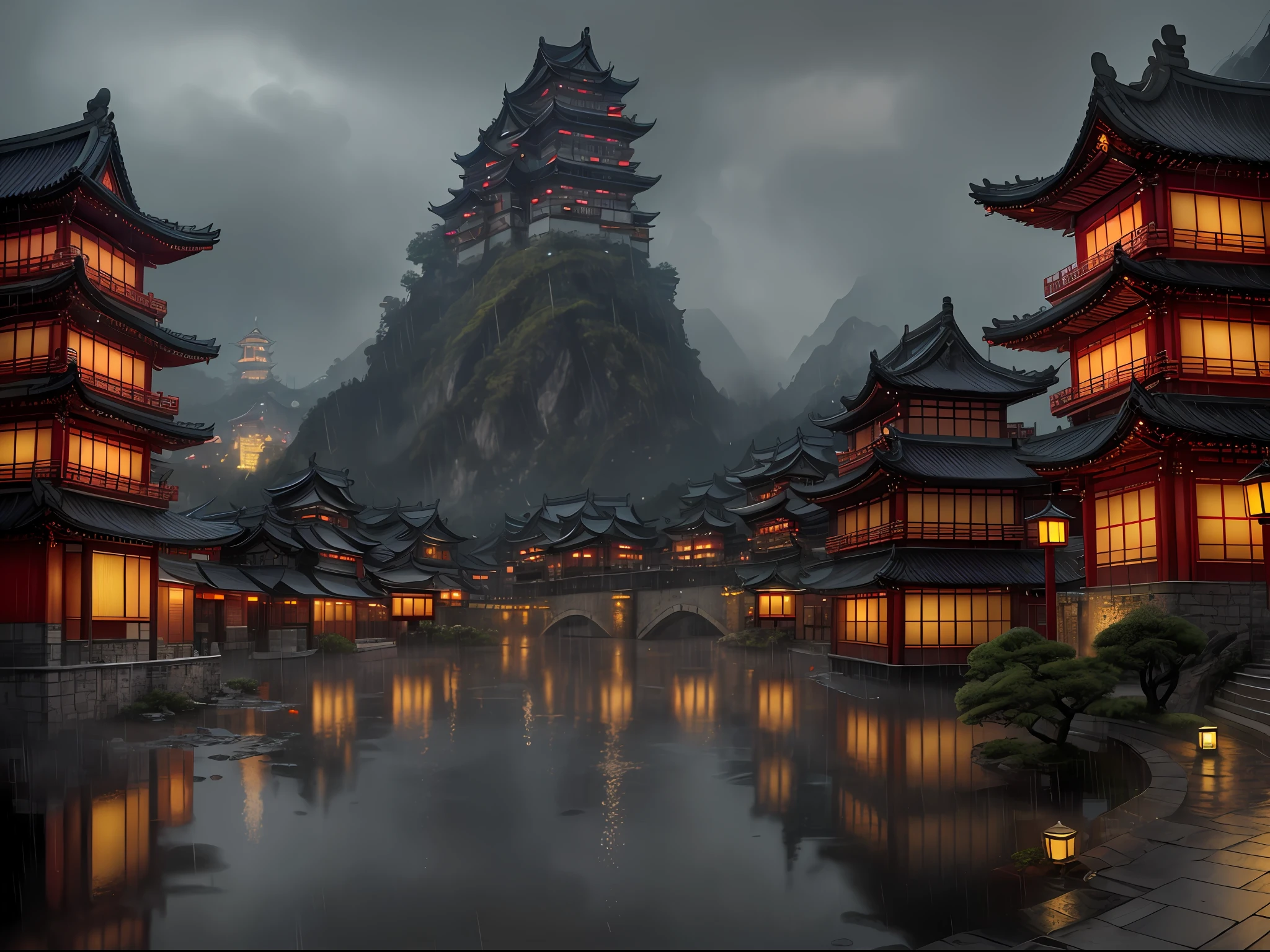 Photorealista, hightquality, masterpiece, Film composition, (Towns and monsters),Rough village with many lights on the buildings々Nice view, (grotesque monsters,There are monsters in town,Monsters are hiding),dreamy Chinese towns、Chinese Village、amazing wallpapers、Japan、Japan Village、Ultra-realistic town photos、Old Asian Village、japanese city,By Raymond Han、rainy evening、Futuristic Chinese castle、beautifully lit buildings、Evening in the rain、Beautifully Aesthetic、a picture、film like、8K、high detal ((Heavy rain)))