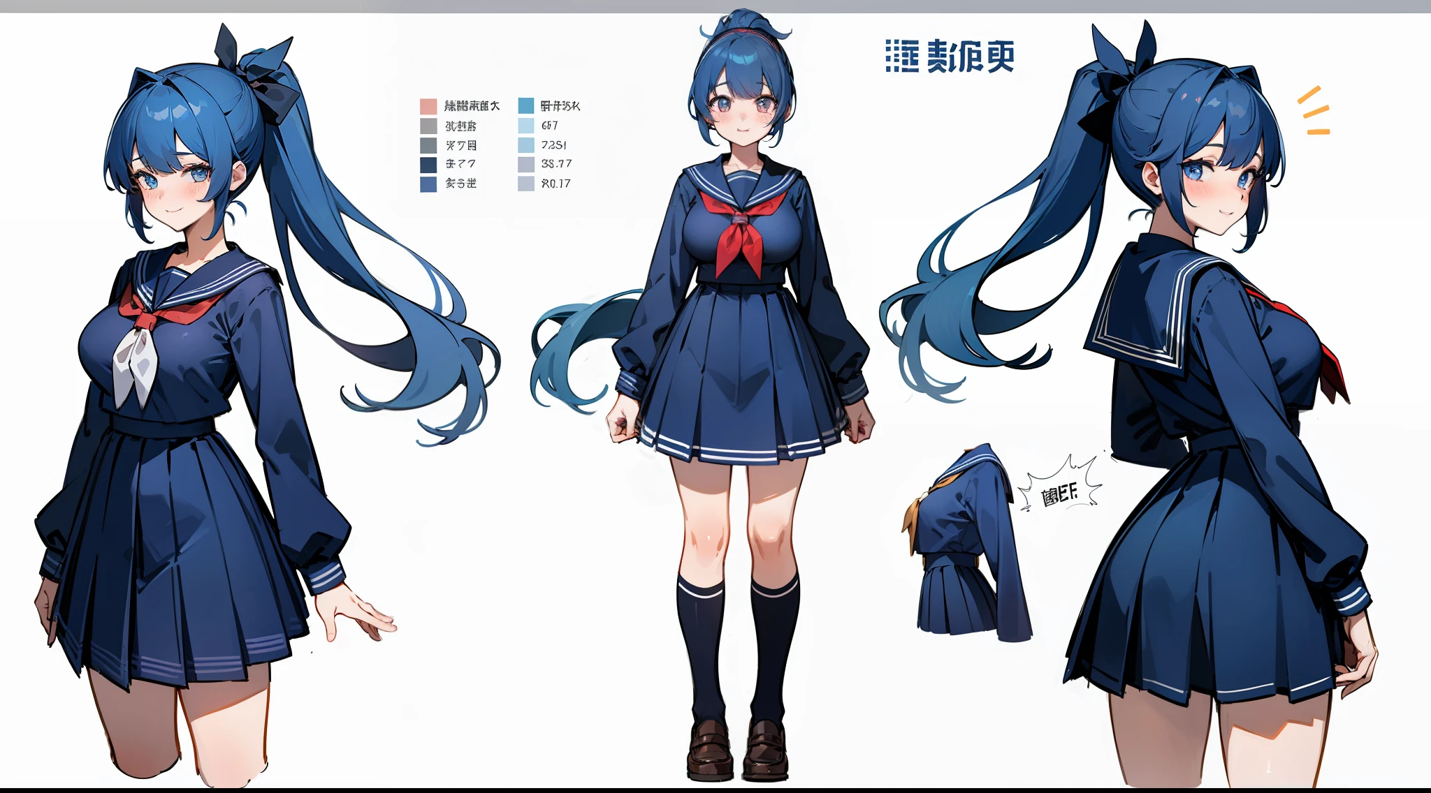 ((Masterpiece, highest quality)), detailed face, character sheet, Full body, full of details, multiple poses and expressions, highly detailed, depth, many parts, 1girl, school uniform, seifuku, sailor uniform, long sleeves, blue hair, ponytail, big breast, blush, seductive smile