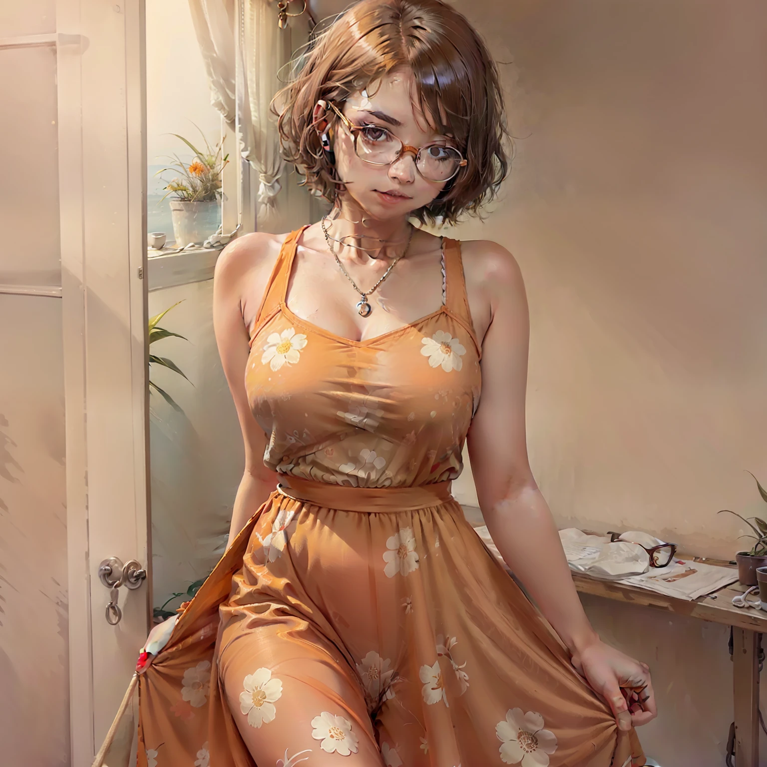 Beautuful Women,short detailed hair,wears glasses,Orange floral dress,high qulity,8k,The background is the seaside,