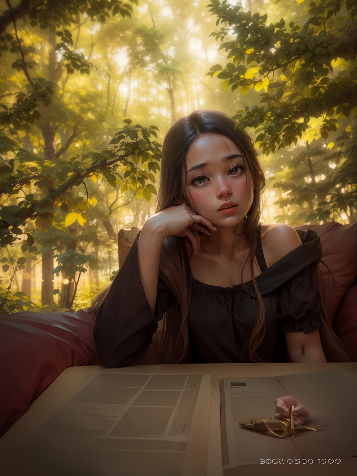 A girl has long hair , place hand on the tree,and in the forest