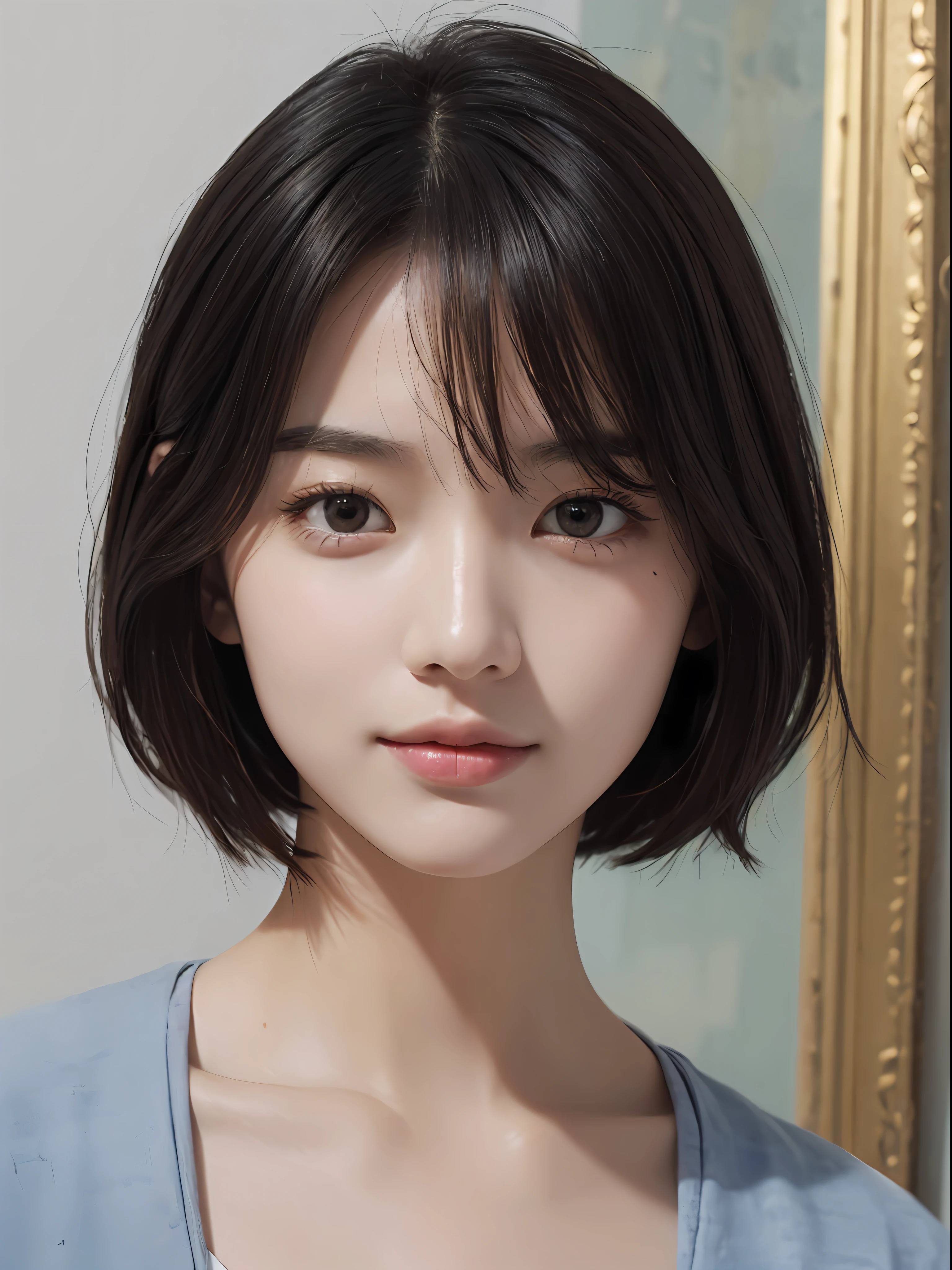 ​masterpiece、The highest image quality、hightquality、Beautuful Women、japanes、Popular Korean Makeup、detaileds、Swollen eyes、A detailed eye、Detailed skin、Beautiful skins、超A high resolution、(Realistis:1.4)、very extremely beautiful、Slightly younger face、Beautiful skins、thin-waist、(A hyper-realistic)、(illustratio)、(hight resolution)、(8K)、(ighly detailed)(The best illustrations)、(beautifully detailed eyes)、(ultra-detailliert)、(wall-paper)、(详细的脸)、looking at the viewers、fine detailed、 A detailed face、pureerosfaceace_v1、a smile、Looking straight ahead、photos realistic、Bright lighting、profetional lighting、Colorful hair color、(((very_short_hair)))、brightly lit room、painterly、picture frame