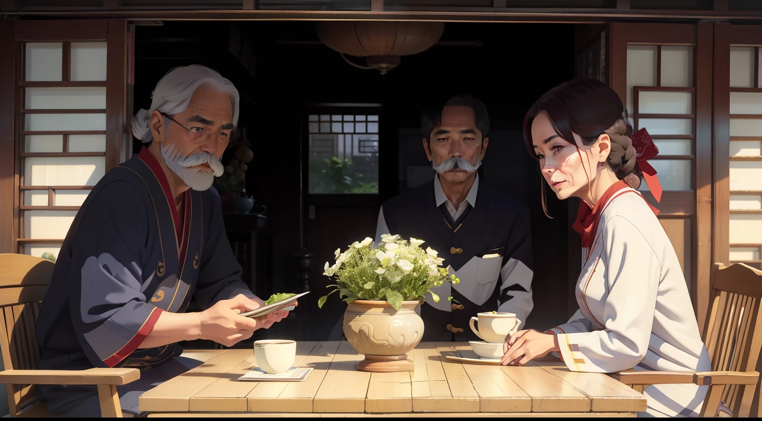 Middle-aged woman、45 yers old、Homem de meia idade、49 years old、The husband and wife looked for Xu Banxian、white mustache、conversation、Mention the White Snake