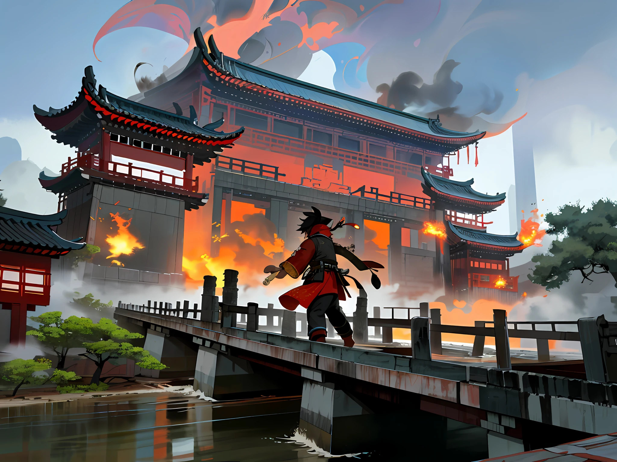 There is a building on one of the bridges, The end has come,bridge, all buildings on bridge, Black smoke,disaster,An epic disaster,Chinese style buildings, guangjian, qiangshu, deathia,Burned buildings,Chinese architecture, old bridge, china town, up front view, jin shan, seen from outside, Riverside, building along a river, Chinese style, disaster,fire glow,The end of terror,dense fog