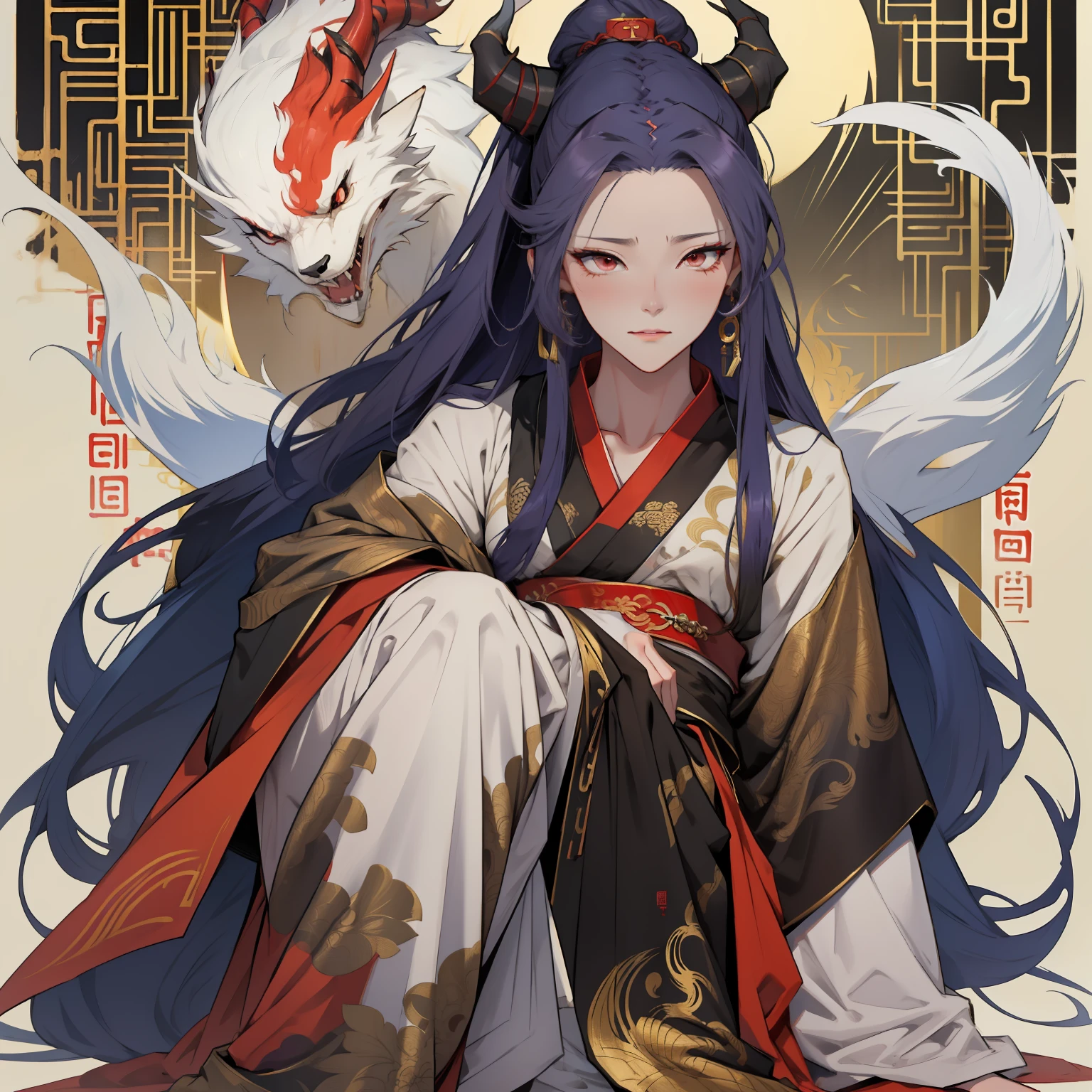 She was like a female emperor,Wearing Chinese Hanfu,The clothes are big red, Elegant and luxurious,The temperament of the ancient queen can be seen from her,Like Wu Zetian,She is Xiao Wei in the painting skin,fox demon,There are ghosts around,It's the devil,Also God,Draw a full-body image