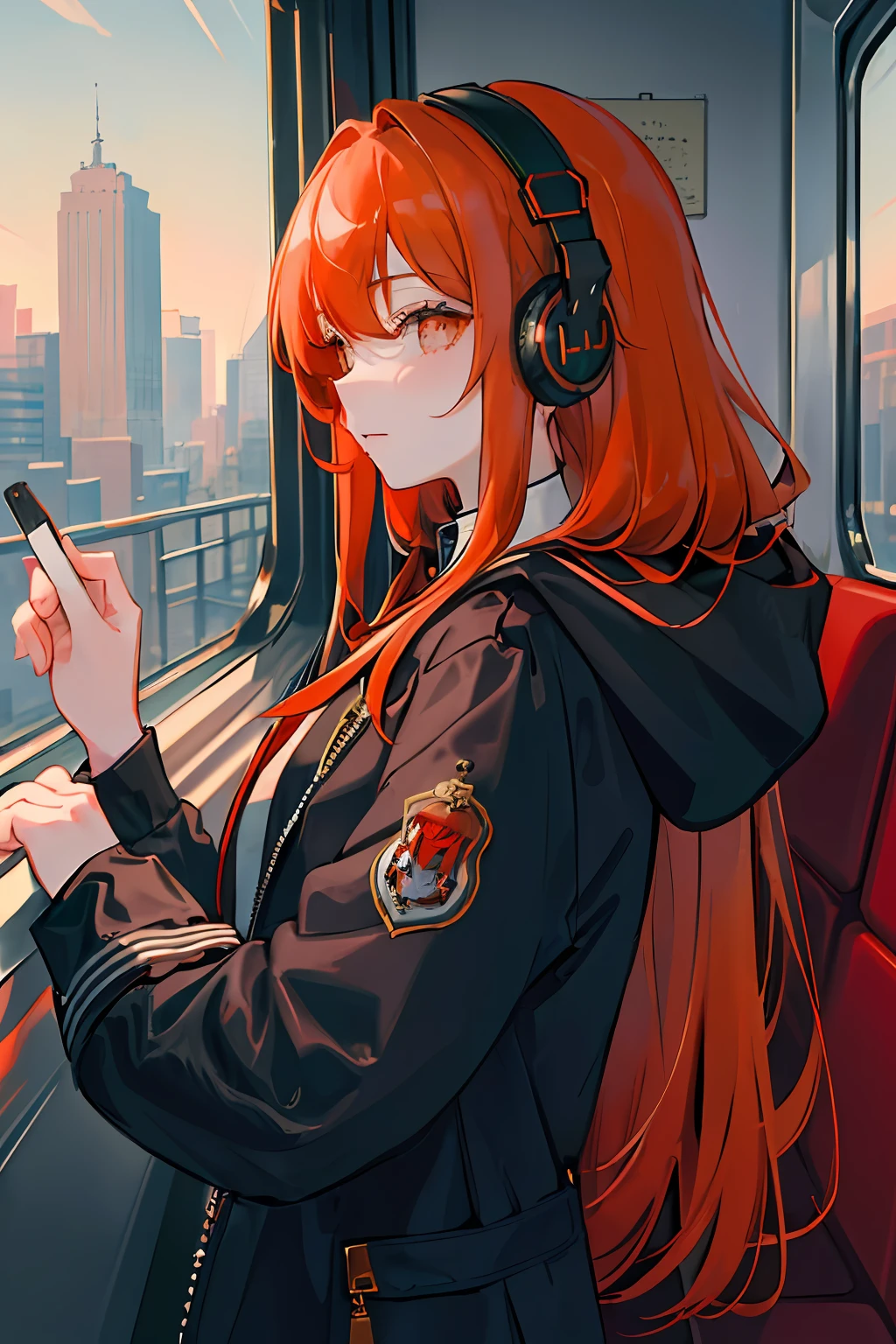 (masterpiece, sidelighting, ultra-detailed, finely detailed beautiful eyes: 1.2), 1girl, bag, building, from side, headphones, hood, hood down, hooded jacket, hoodie, jacket, long hair, orange hair, profile, red hair, solo, train, train interior, upper body, Masterpiece, best quality