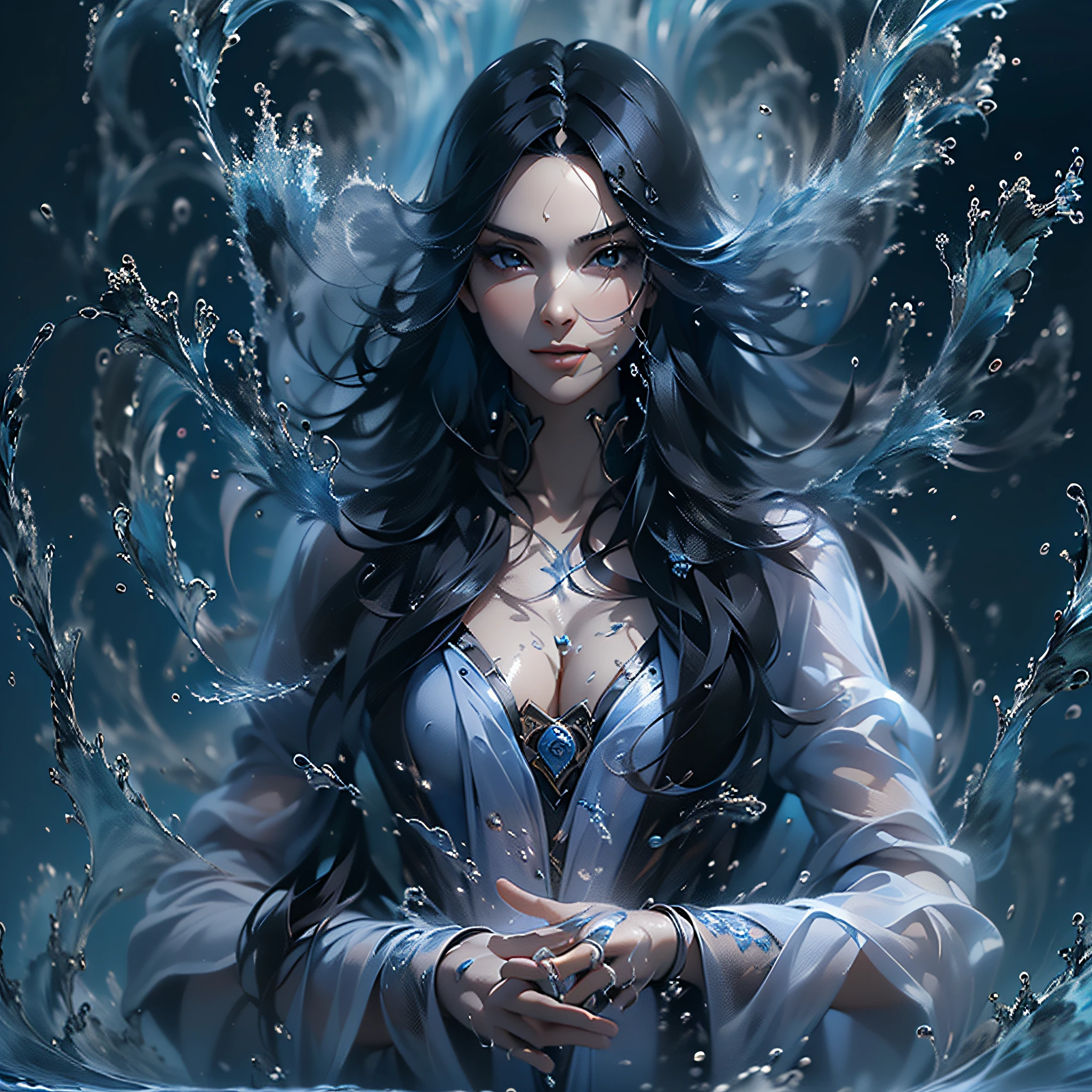 ((Beautiful female magician with long black hair who manipulates water creates the same shape as herself with lots of water)):1.8、(full bodyesbian):1.5、((Using water to make a human female shape with a transparent body)):1.8、masterpiece、realisitic