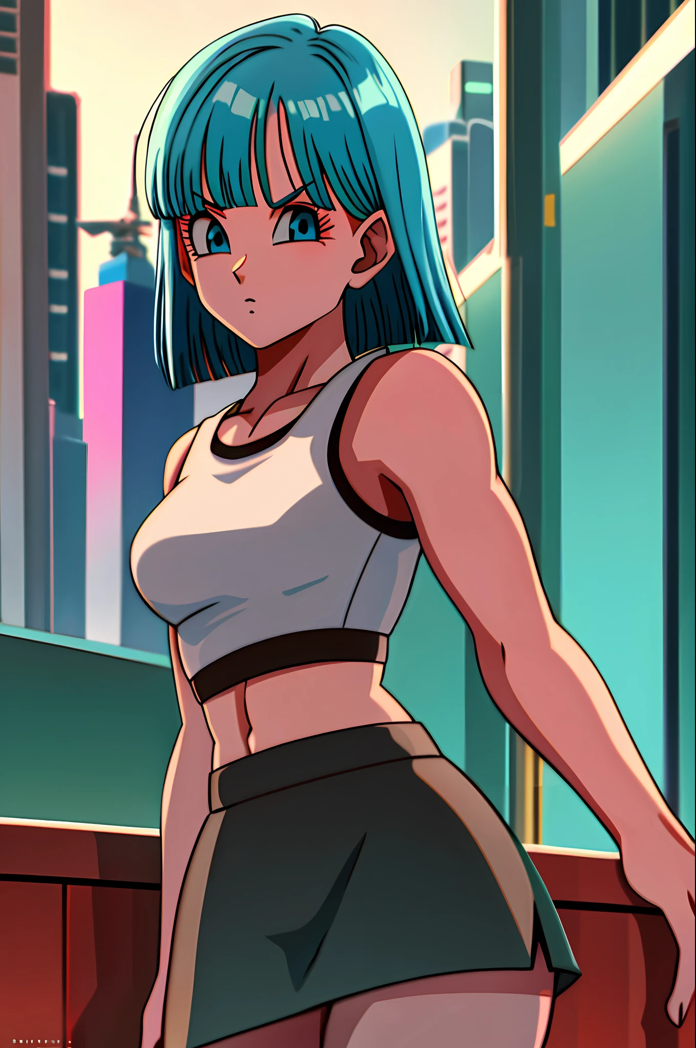 masterpiece, best quality, highres, dragon ball, blmmid, aqua hair, medium hair, blunt bangs, red hair band, medium breasts, white shirt, black skirt, cowboy shot, in a Cyberpunk city, bustling with neon signs, standing, upper body, ((midriff)),