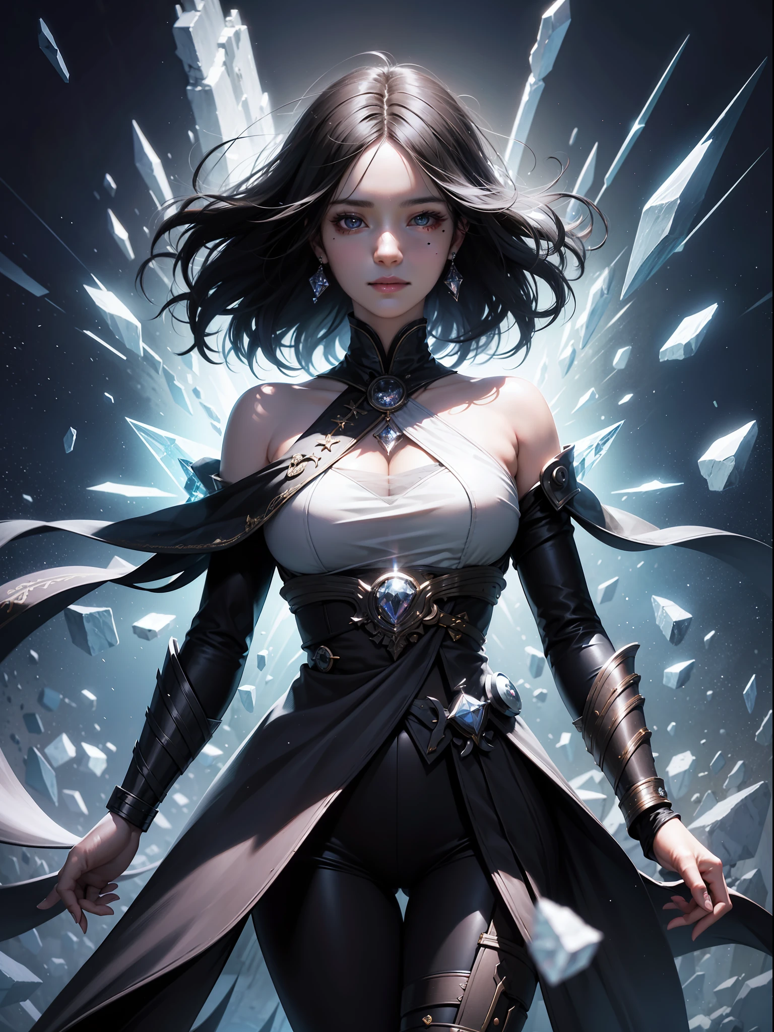 black hair, crystal hair, hair spread out, smile, mole under eye, Surrealism, Art Deco, anime, Romanticism, Realism, cinematic lighting, depth of field, reflection light, first-person view, lens flare, bust chart, UHD, anatomically correct, textured skin, high details, 4K