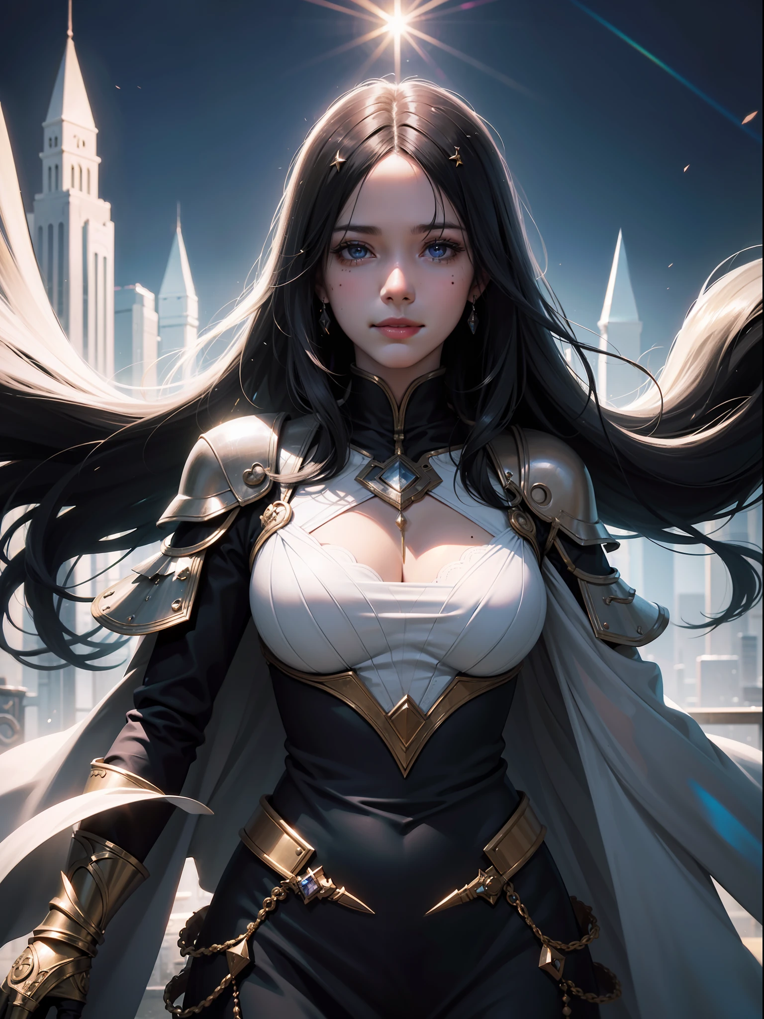 black hair, crystal hair, hair spread out, smile, mole under eye, Surrealism, Art Deco, anime, Romanticism, Realism, cinematic lighting, depth of field, reflection light, first-person view, lens flare, bust chart, UHD, anatomically correct, textured skin, high details, 4K