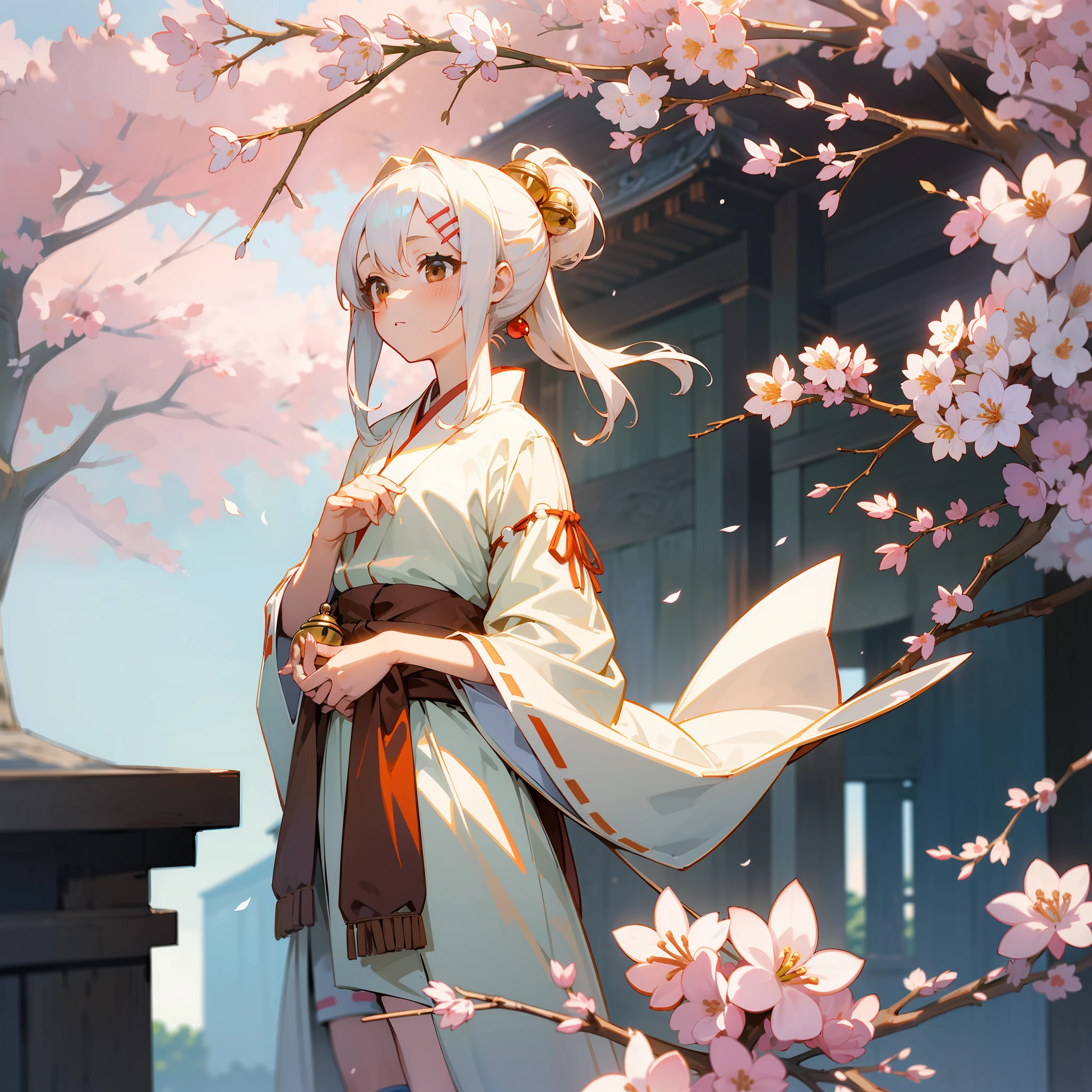 ((best qualtiy)), Beautiful portrait of a genki girl,Sweet girl,the cherry trees,exteriors,White hair,with brown eye,Japanese anime,White robe,Wear flower-shaped hairpins,There are flower-shaped ornaments around the waist,Face the Japanese,white knee-socks,adolable,Anime figure,Bell in hand,detail-rich
