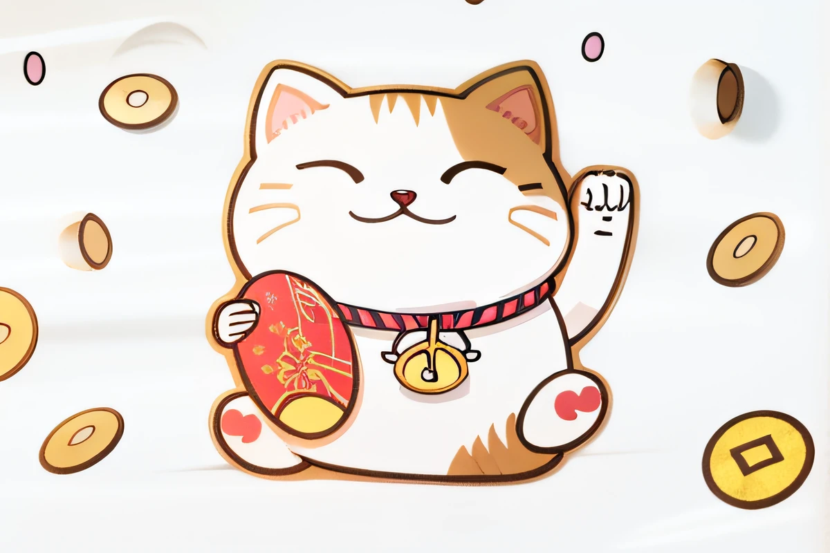Cartoon cat with gold coins in its paws, Kawaii cat, Both eyes glow,A cute cat, anime visual of a cute cat, Cute cat, Happy cat, anime cat, cat design, a cat is smiling,:2, the cat is smiling, fat chibi grey cat, kawaii cutest sticker ever, nekomimi, Japanese kawaii style, inspired by Miao Fu,National dynasty style