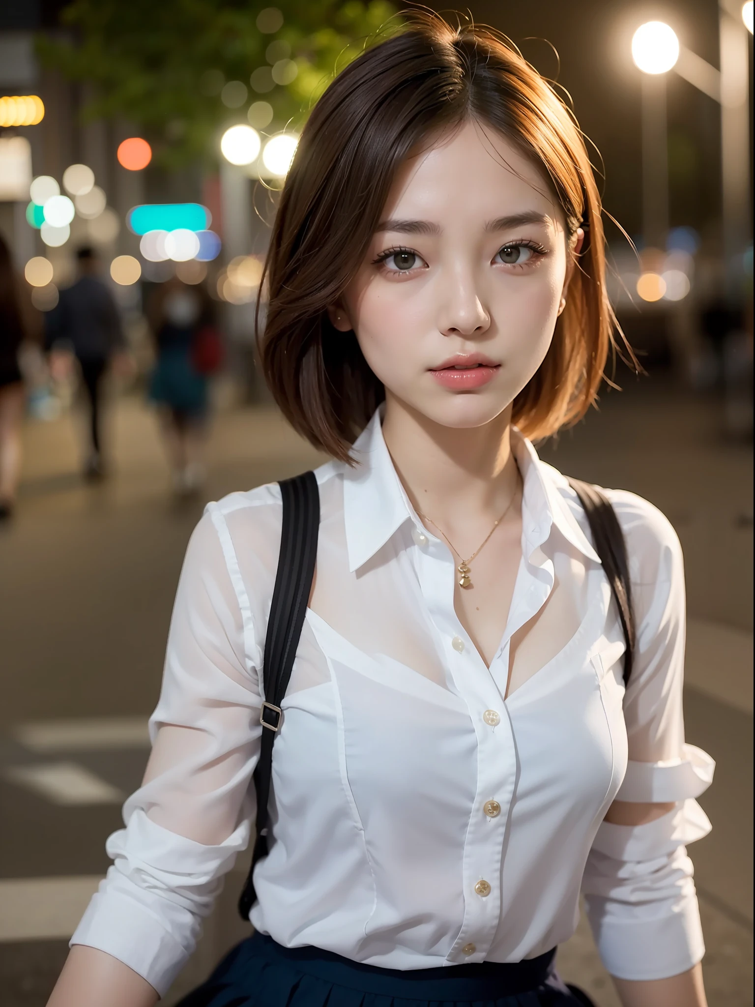 ((top quality, 8k, masterpiece: 1.3, raw photo)), Sharp Focus: 1.2, (1 aespa girl: 1.2), (Realistic, Photorealistic: 1.37), (face focus: 1.1), cute face, small breasts, flat chest, short messy hair, (long button white shirt: 1.1), she is rolling up her skirt, showing white panties, Beautiful Woman Sitting Under Street Lamp Light, cinematic lighting
