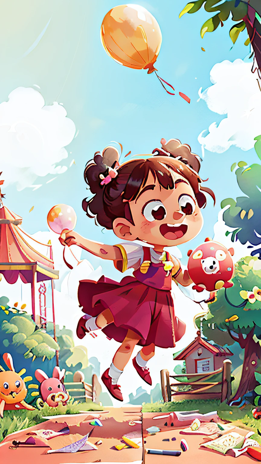 Poster making, Children's Day, in the amusement park, a little girl holding a balloon, happy, jumping, happy --v 6