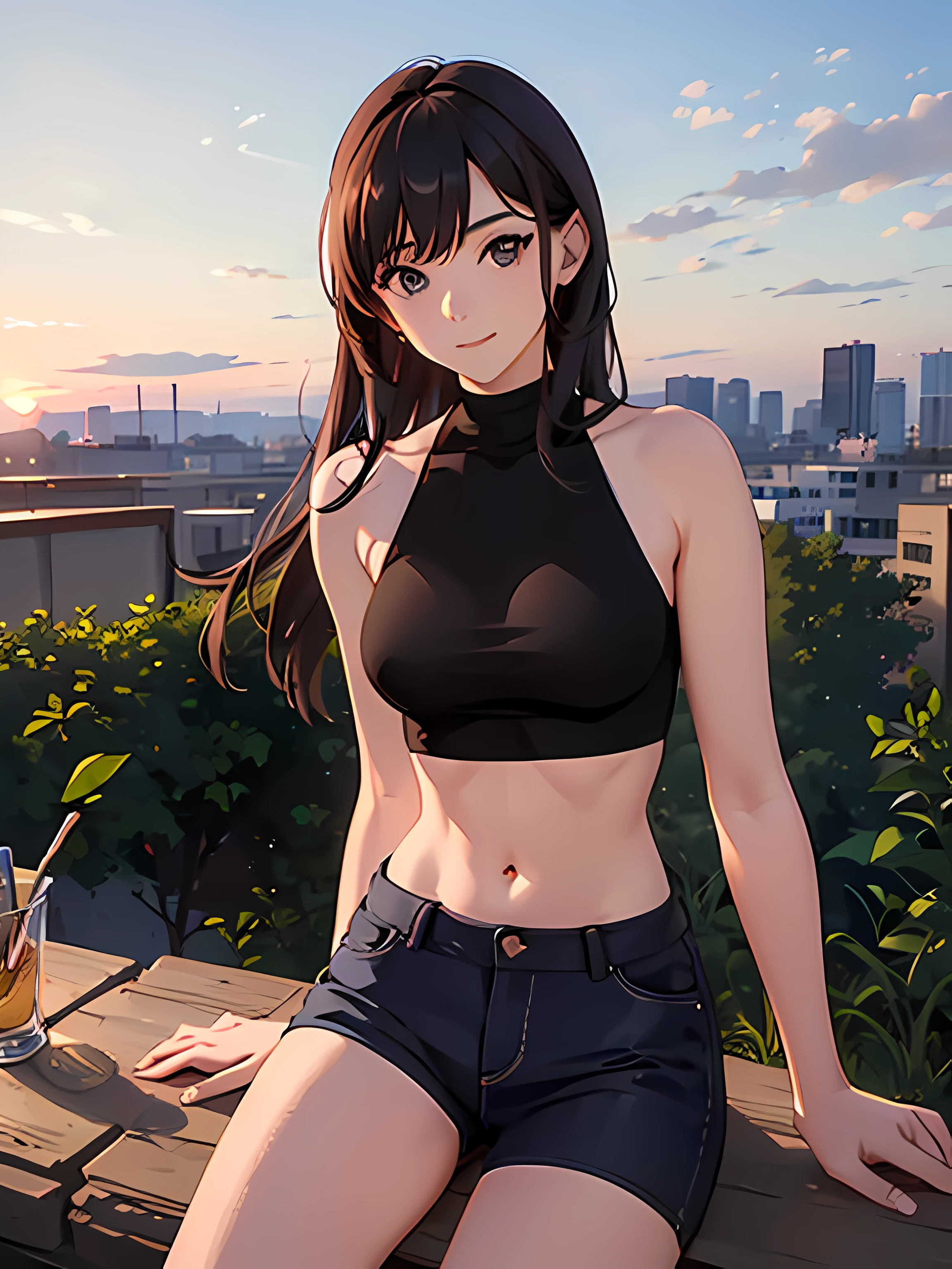 masterpiece, 1gril, using crop top, sitting in dirt, sunset, realistic
