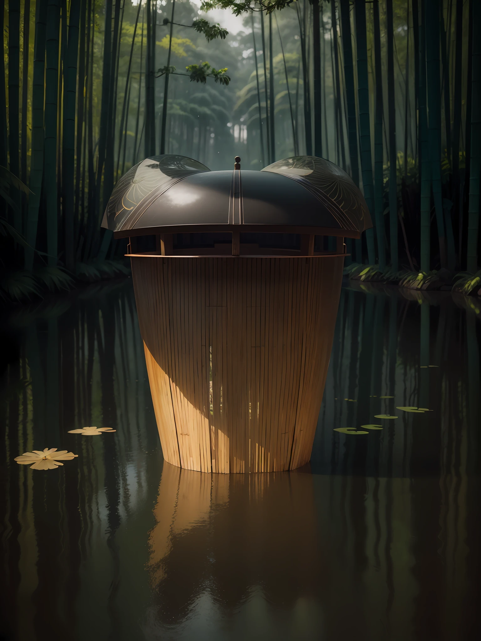 Realisticstyle,photography of,Nikon,largeaperture,Mid-range photography,tmasterpiece,hyper qualit,Gray tones,Chinese pavilion in a pond,China-style,bamboo forest background,Rainy days,2 of the body/3,extreme hight detail,Extreme quality,4K,dream colors,Dreamy light and shadow