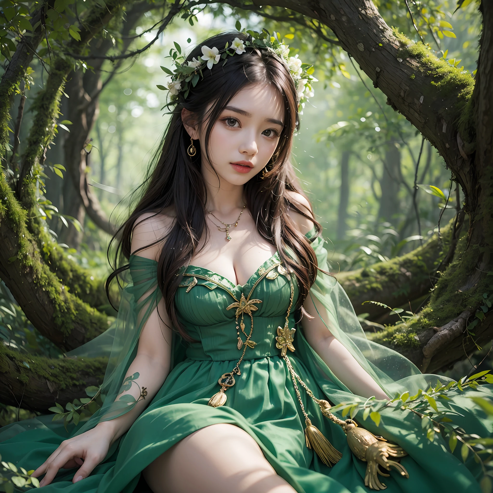 reallistic、Doriard、Leprechaun、Adult beauty buried in the world tree、Green lush dress、Half body in a tree、
