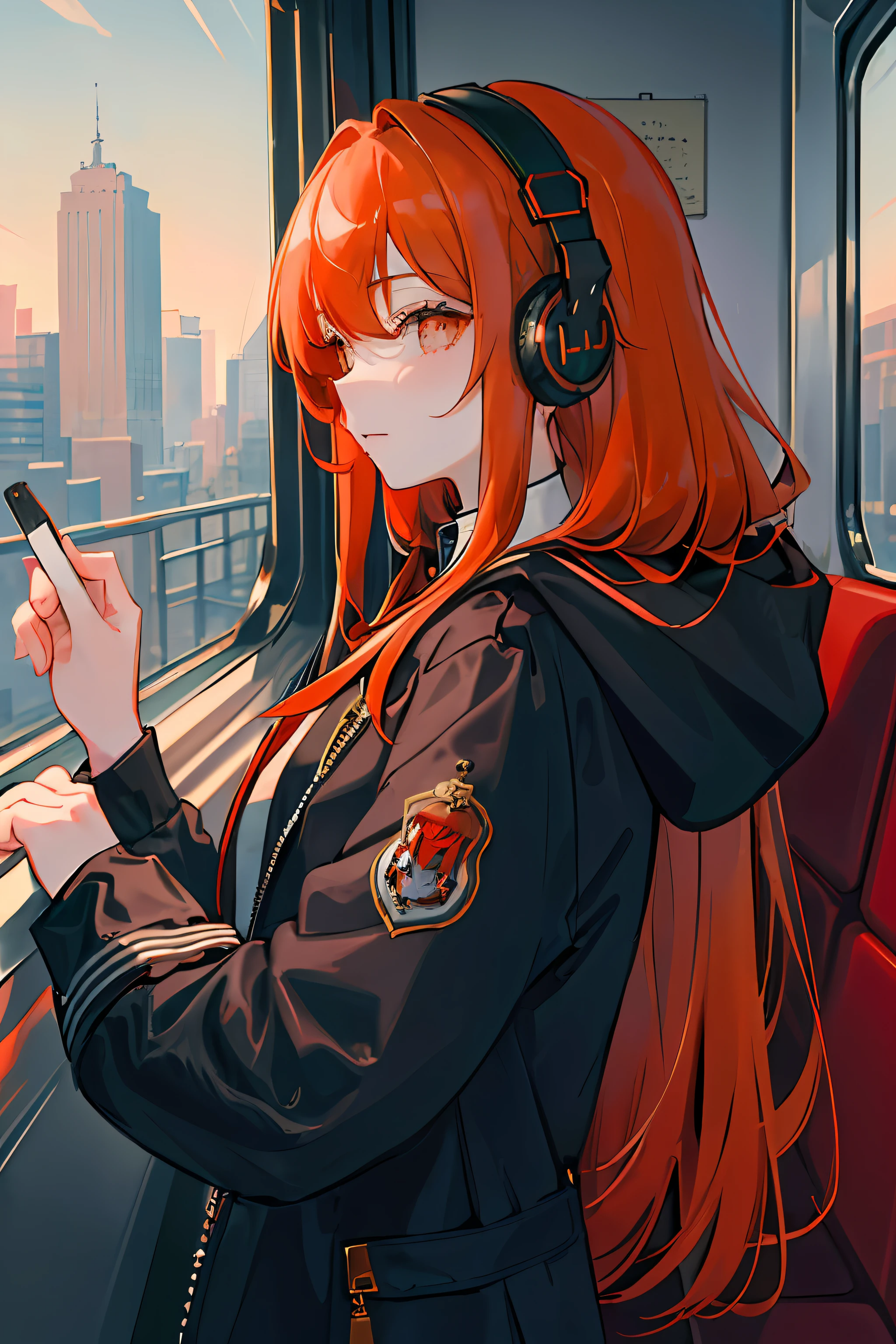 (masterpiece, sidelighting, ultra-detailed, finely detailed beautiful eyes: 1.2), 1girl, bag, building, from side, headphones, hood, hood down, hooded jacket, hoodie, jacket, long hair, orange hair, profile, red hair, solo, train, train interior, upper body, Masterpiece, best quality