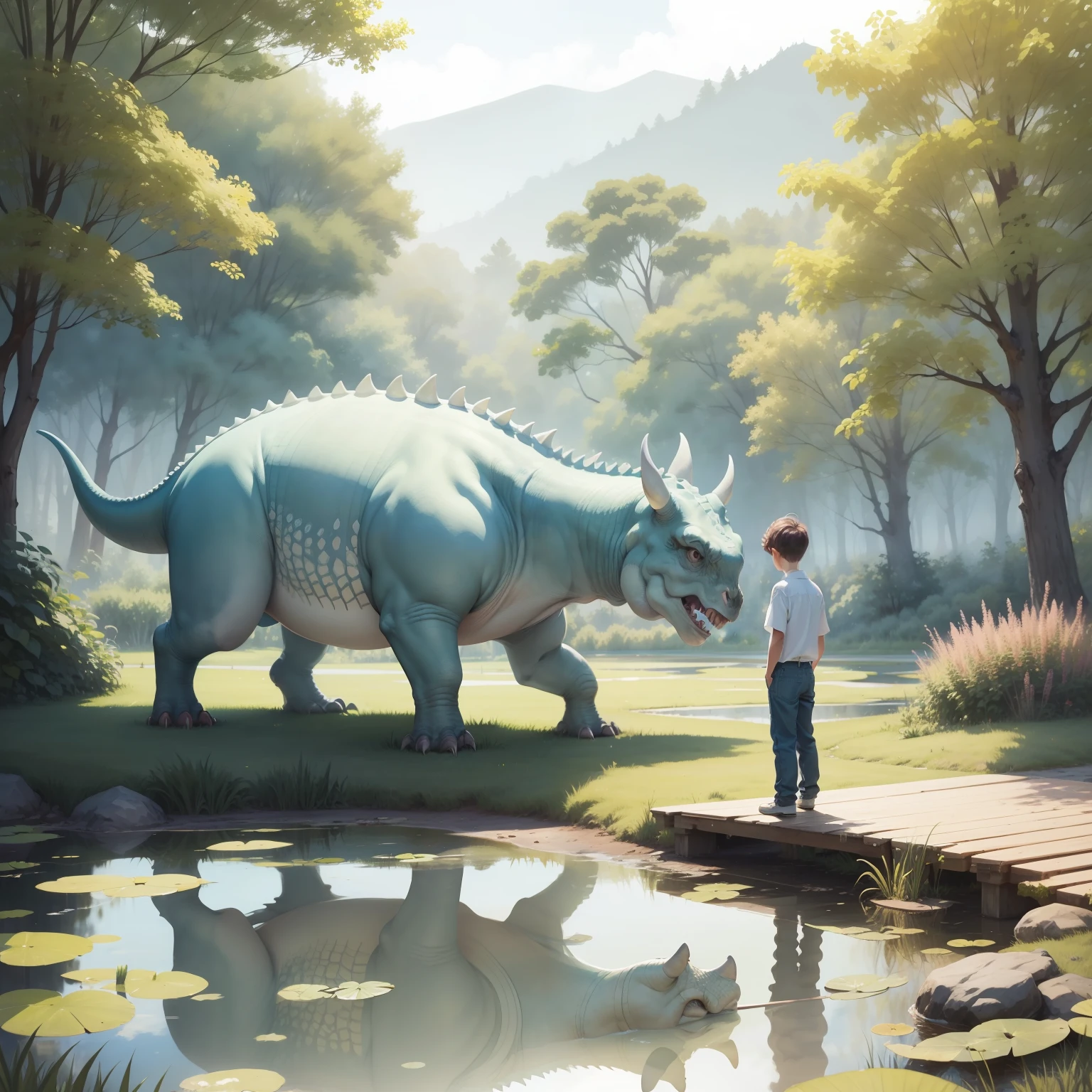 A boy is near a pond Triceratops near a pond Back view Watercolor Long pants White shirt