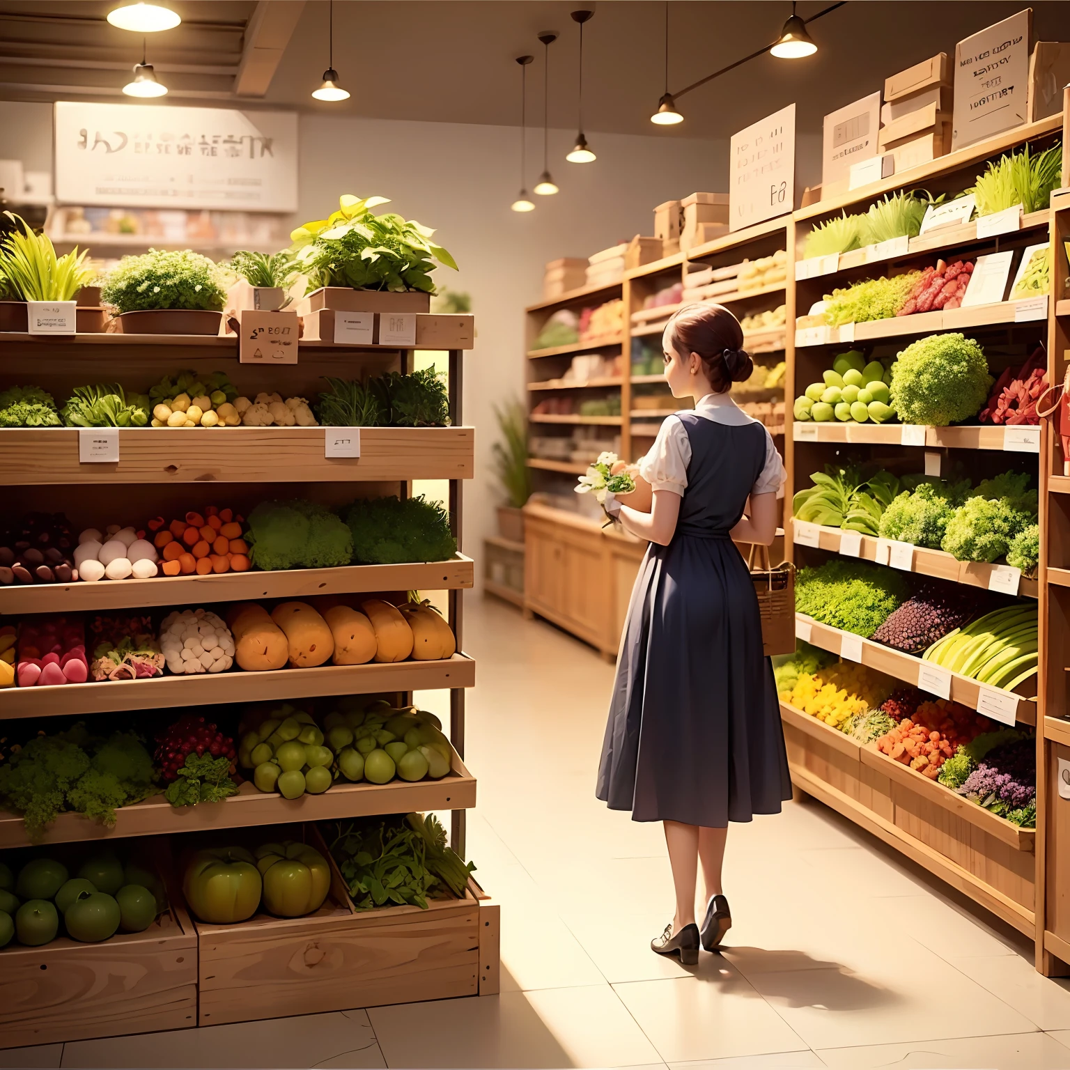 The style is that of a fairy tale illustration,a shop of vegetables,vegetables on the shelf,a woman 50's,brown hiar,Backward-looking woman,she has shopping basket
