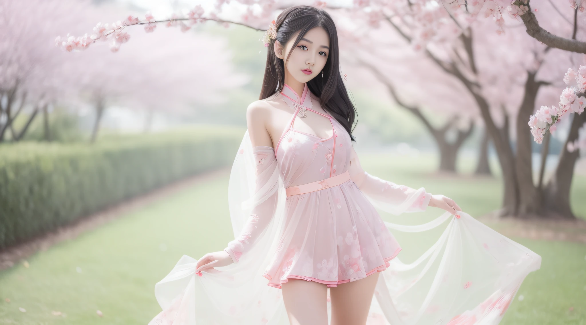 there is a woman in a sheery dress posing for a picture, trending on cgstation, flowing sakura silk, flowing sakura-colored silk, Guviz-style artwork, trending at cgstation, a stunning young ethereal figure, Ethereal beauty, cute elegant pose, Guviz, beautiful and seductive anime woman, beautiful alluring anime , Chinese girl,pantyless