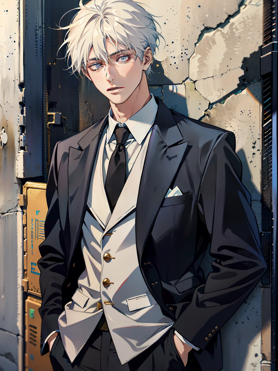 8K，high qulity，Fine face，full bodyesbian，mtu，with short white hair，Very handsome，In black suit，On campus，Put your hands in your pockets，Leaning against the wall