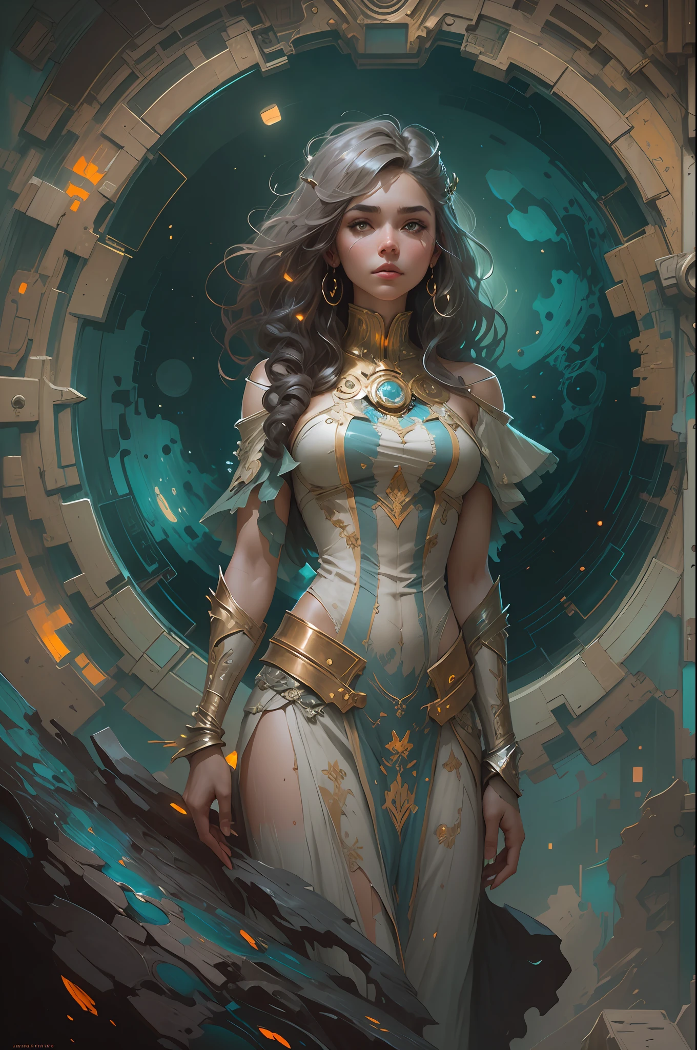 Portrait of a girl standing on a marvelous stone, standing gitl:1.2, (Low contrast ), colorfantasystyle, Oil painting on matte canvas, sharp detailed, the expanse scifi spacescape ceres colony, Intricate, Highly detailed, Digital painting, plethora of colors, smooth, Sharp focus, illustration, Unreal Engine 5, 8K, art by artgerm and greg rutkowski and alphonse mucha , art by midjourney