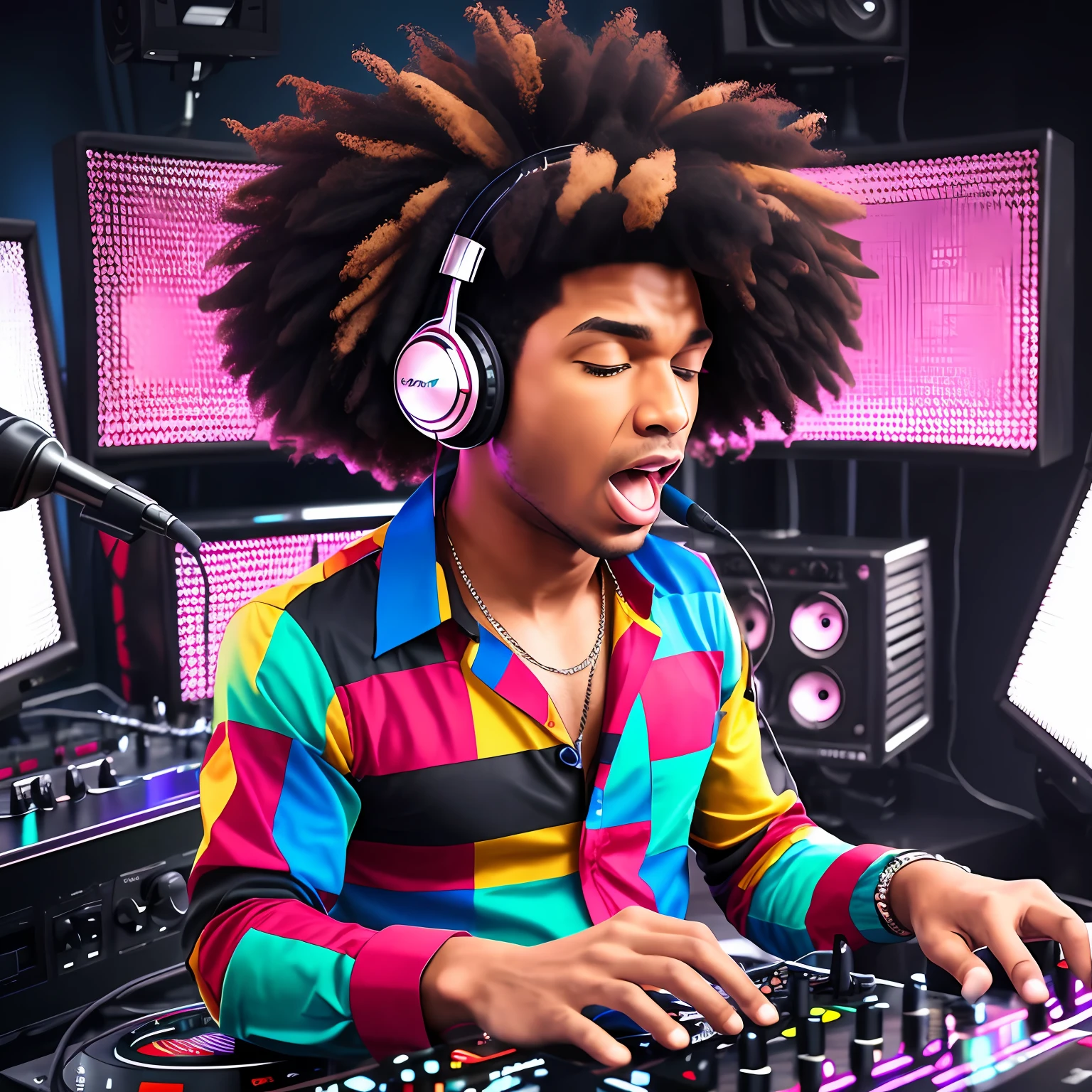 Male DJ, radio station, afro hair, 70's snappy patterned shirt, headphones, big classic microphone, screaming into the mic, song introduction, Let's Go