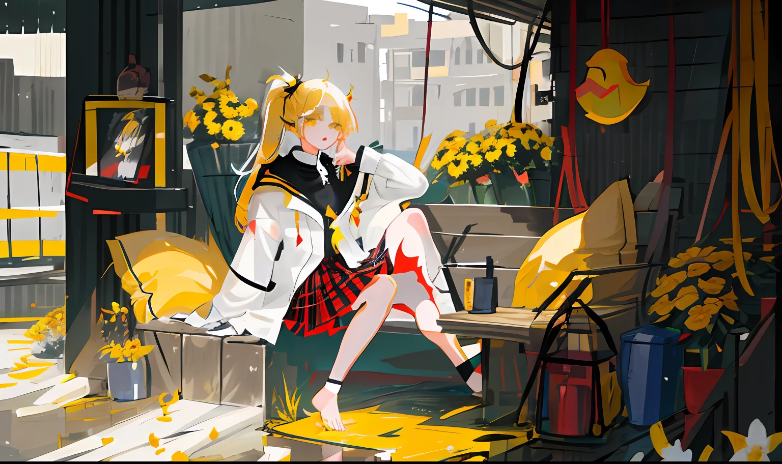 teens girl，whaite hair，Red pupil of the left eye，Yellow pupil of the right eye，Duck sitting position，Black sweater，White trench coat，Gray plaid skirt，Long hair and low ponytail，Sit in a sea of flowers，sunshine on face，Flowers in hand，long leges，Barefoot