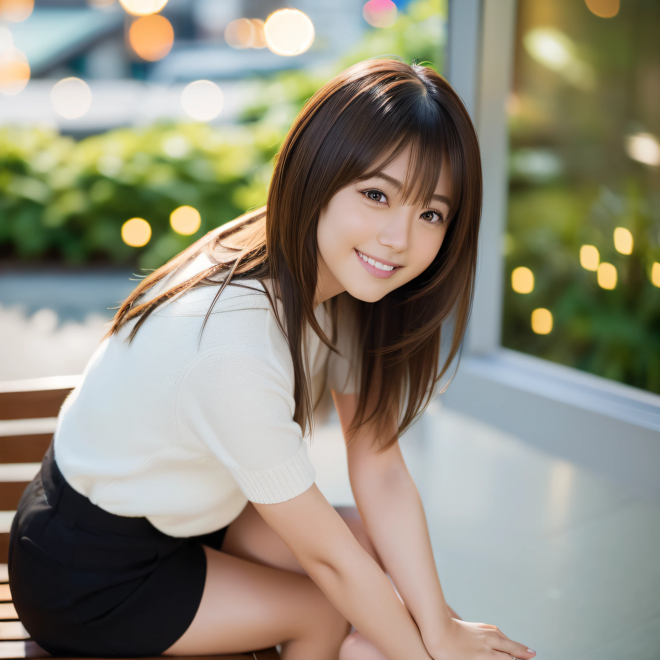 Best Quality, 超A high resolution, (Photorealistic:1.4), Raw photo, (upper thigh, From Side:0.7), (Bokeh:1.5), (sit on a bench), (in a suite:1.6),window, 1日本人の女の子, Cute, (Solo:1.6), (Shy smile), (Brown eyes), Smooth skin, (Brown medium hair,Bangs), (touch hair:1.4),nogizaka,a park