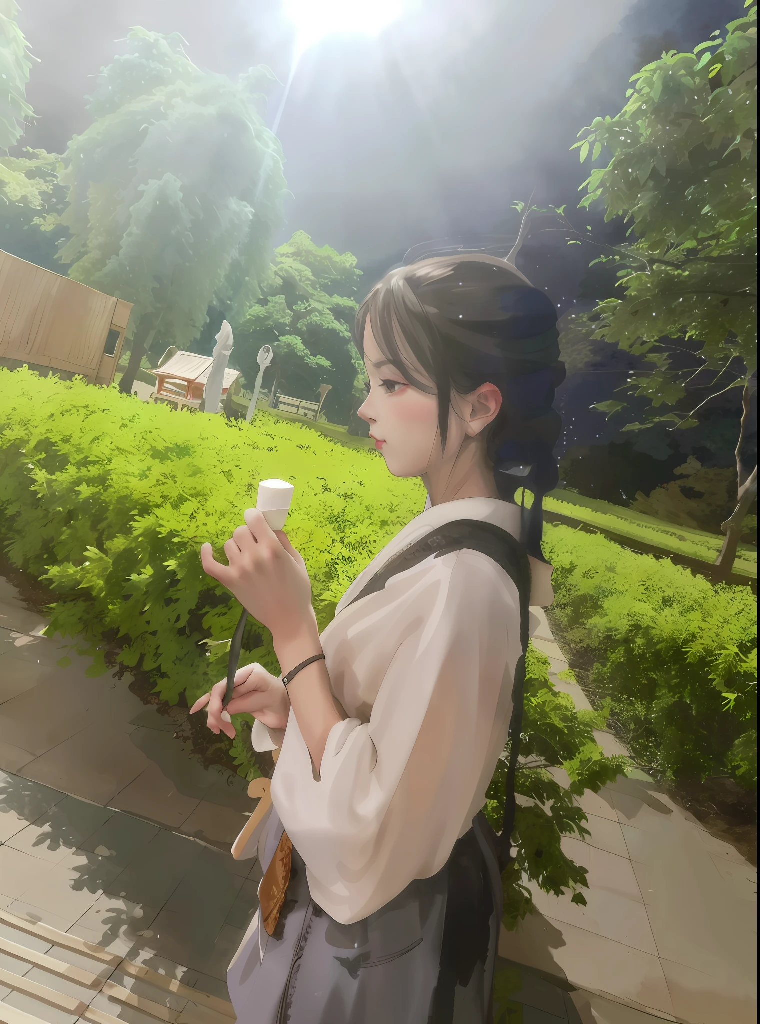 shukezouma, Negative space, , shuimobysim , Portrait of a woman standing , Willow branches, (Masterpiece, Best quality:1.2), Traditional Chinese Ink Painting, ModelShoot style, Peaceful, (Smile), view the viewer, wearing long hanfu, Hanfu, Song, Willow tree in background, Background repaint，