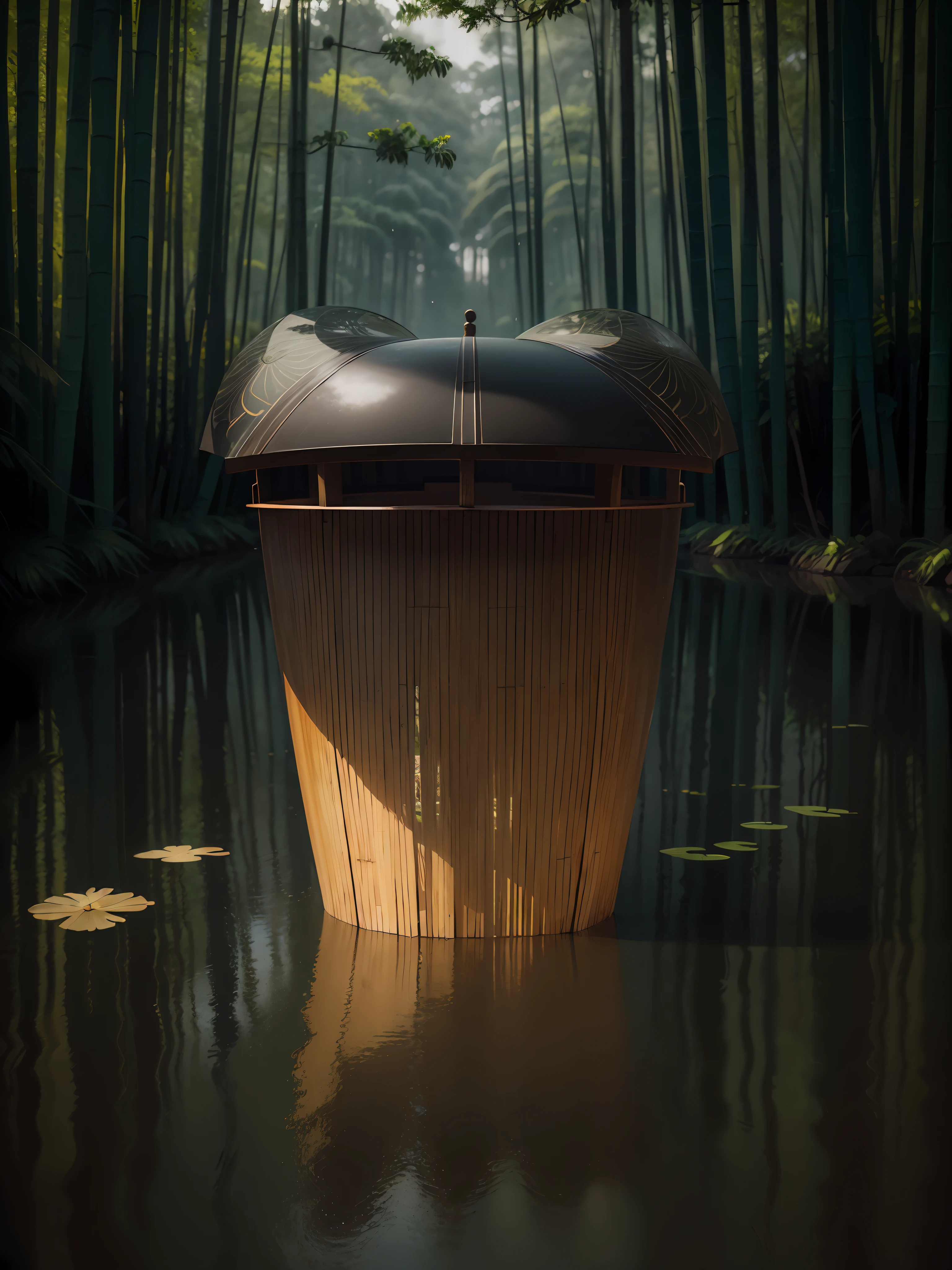 Realisticstyle,photography of,Nikon,largeaperture,Mid-range photography,tmasterpiece,hyper qualit,Gray tones,Chinese pavilion in a pond,China-style,bamboo forest background,Rainy days,2 of the body/3,extreme hight detail,Extreme quality,4K,dream colors,Dreamy light and shadow