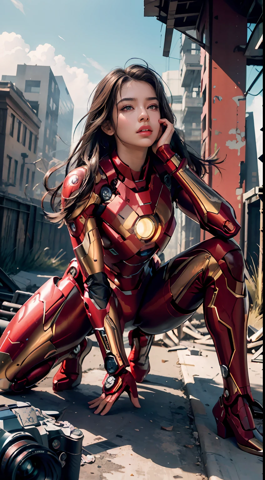 RAW, Masterpiece, Ultra Fine Photo,, Best Quality, Ultra High Resolution, Photorealistic, Sunlight, Full Body Portrait, Stunningly Beautiful,, Dynamic Poses, Delicate Face, Vibrant Eyes, (Side View) , she is wearing a futuristic Iron Man mech, red and gold color scheme, highly detailed abandoned warehouse background, detailed face, detailed and complex busy background, messy, gorgeous, milky white, high detailed skin, realistic skin details, visible pores , sharp focus, volumetric fog, 8k uhd, dslr camera, high quality, film grain, fair skin, photorealism, lomography, sprawling metropolis in futuristic dystopia, view from below, translucent