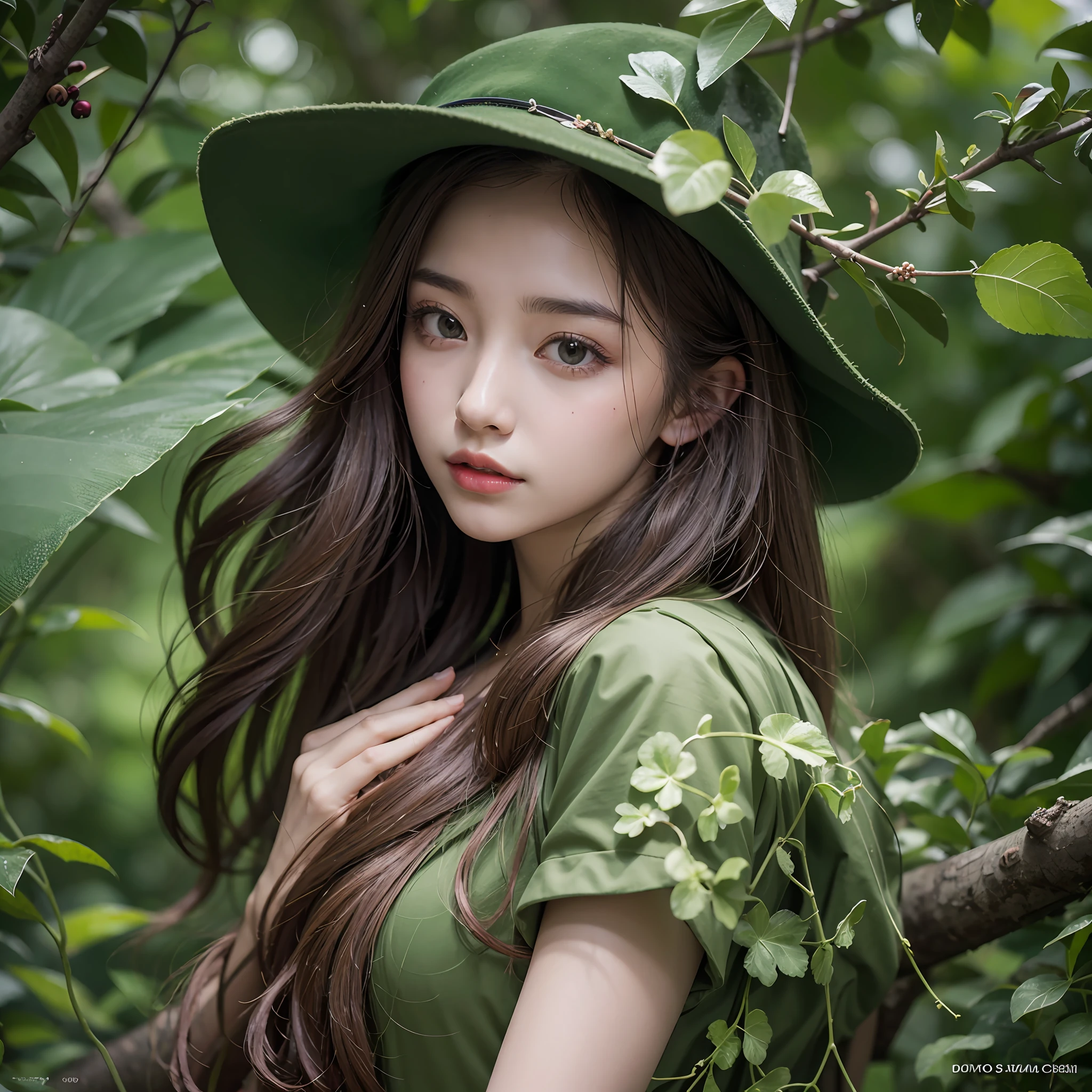reallistic、Doriard、Leprechaun、Adult beauty buried in the world tree、Green lush dress、Half body in a tree、