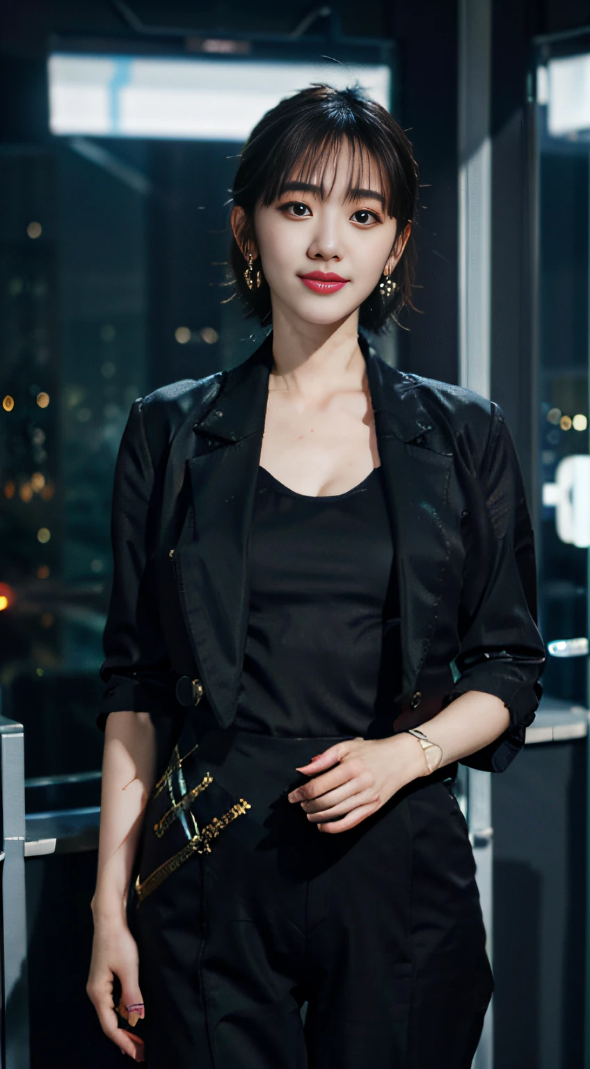 (8k, RAW photo, best quality, masterpiece:1.2), (realistic, photo-realistic:1.37),(Kpop idol), (aegyo sal:1),cute,professional lighting, photon mapping, radiosity, physically-based rendering, cosplay, lucy \(cyberpunk\),bob cut,mechanical parts,grey eyes, black tight suit,cyberpunk city, black pants,night,neon lights,sexy,smoke, looking at viewer,, 8k high resolution, 8k, CG wallpaper, realistic, clear background, medium breasts, full body