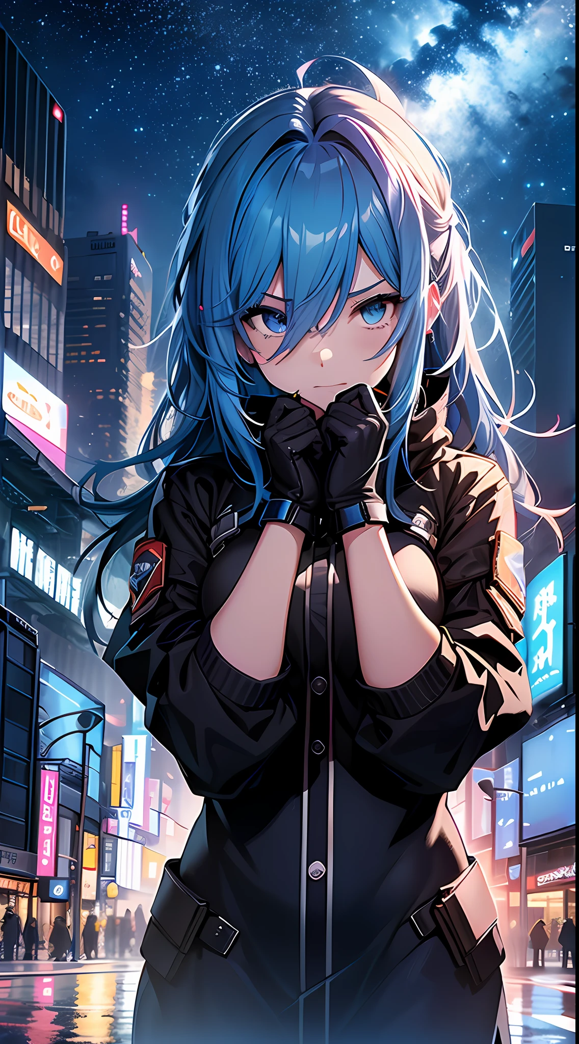 Girl in exciting battle scenes,The breeze ruffled her wild blue hair。Her gesture is longing,cradling hands,leaning-forward,Prepare for the challenge。There was not the slightest fear on her face。,Only perseverance and determination can break through,Enchanting otherworldly surroundings,Metal skyscrapers stand under the stars,A variety of brilliant neon lights turn the city into a utopia under the stars。Both sides of the street,Mysterious technological facilities shimmer with unknown light,Huge billboards show how people live at night。The city seems to be sleeping under the stars,Ethereal and mysterious,