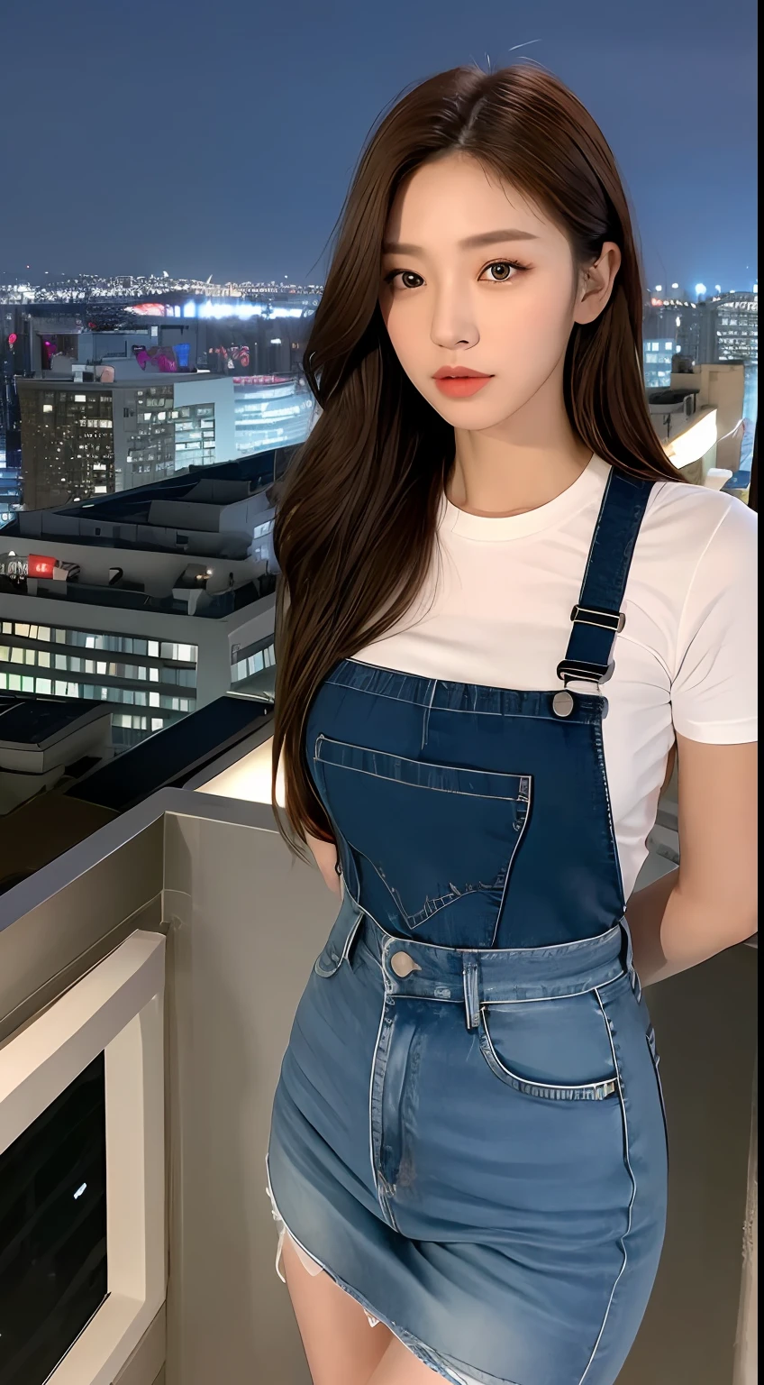 ((Midnight, Best quality, 8k, Masterpiece :1.3)), Whole body, Long legs, Sharp focus :1.2, A pretty woman with perfect figure :1.4, Slender abs :1.1, ((Dark brown hair, Big breasts :1.2)), (White tight tshirt, Jean bib, Standing:1.2), ((Night city view, Rooftop:1.3)), Highly detailed face and skin texture, Detailed eyes, Double eyelid
