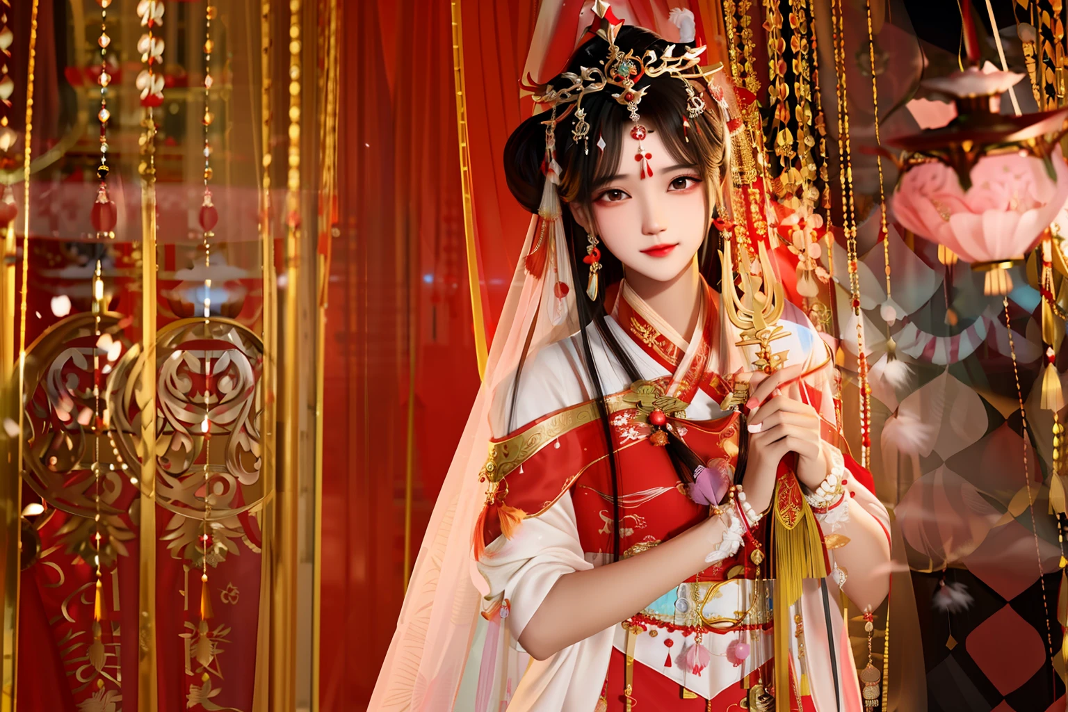 Arakfi was dressed in red and white clothing and headdresses, a beautiful fantasy empress, ((a beautiful fantasy empress)), Palace , A girl in Hanfu, chinese empress, China Princess, Hanfu, Inspired by Lan Ying, Princesa chinesa antiga, inspired by Du Qiong, xianxia fantasy, Chinese costume, inspired by Zhang Yan
