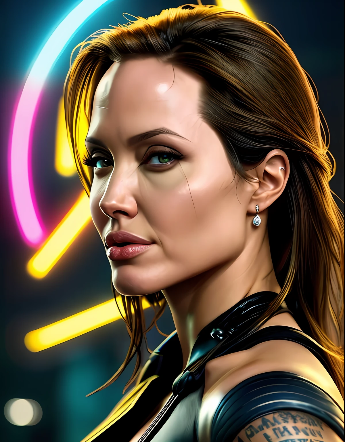 Close-up, foto crua de Lara Croft (Angelina Jolie), lipstick, Cidade Cyberpunk movimentada com placas de neon, altamente detalhada, arts station, liso, foco nítido, 8k, trending in instagram, Trending on Tumblr, HDR 4K, 8k