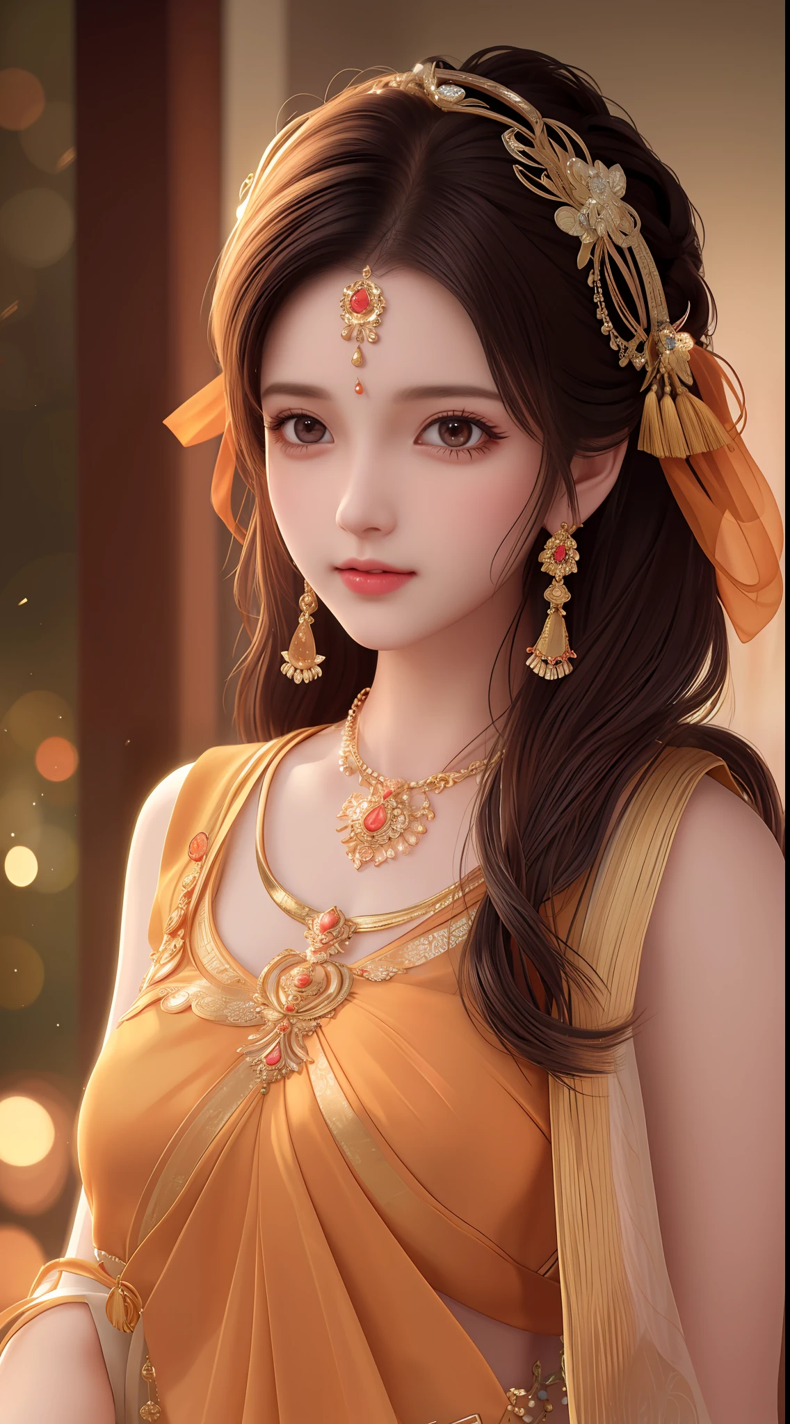 Best Quality, Masterpiece, High Resolution, 1 Girl, indian orange saree, Hair Accessories, Necklace, Jewelry, Beautiful Face, Physical, Tyndall Effect, Realistic, 8k uhd, DSLR, soft light, high quality, volumetric light, high resolution, 4k, 8k, bokeh
