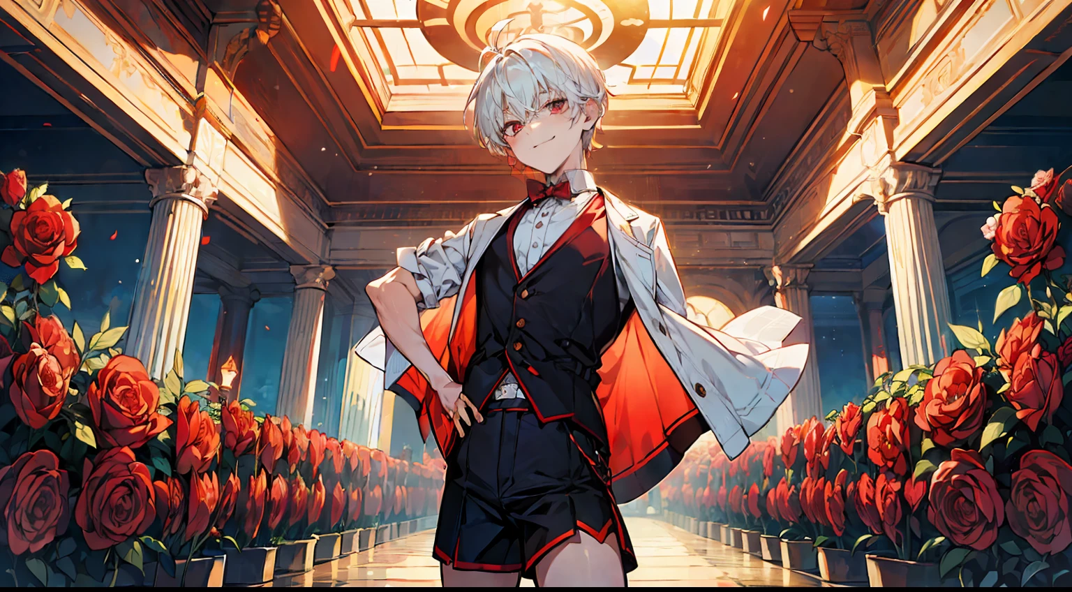 ((Masterpiece)),(((Best quality))), (high high quality, Breathtaking),(Expressive eyes, Perfect face), short, Young boy, Short white hair, Red eyes, Smiling,Be red in the face,Outfit in black, wear short shorts, Shine, Glow, Red roses, Sunshine, Blue sky, up-close,The erection