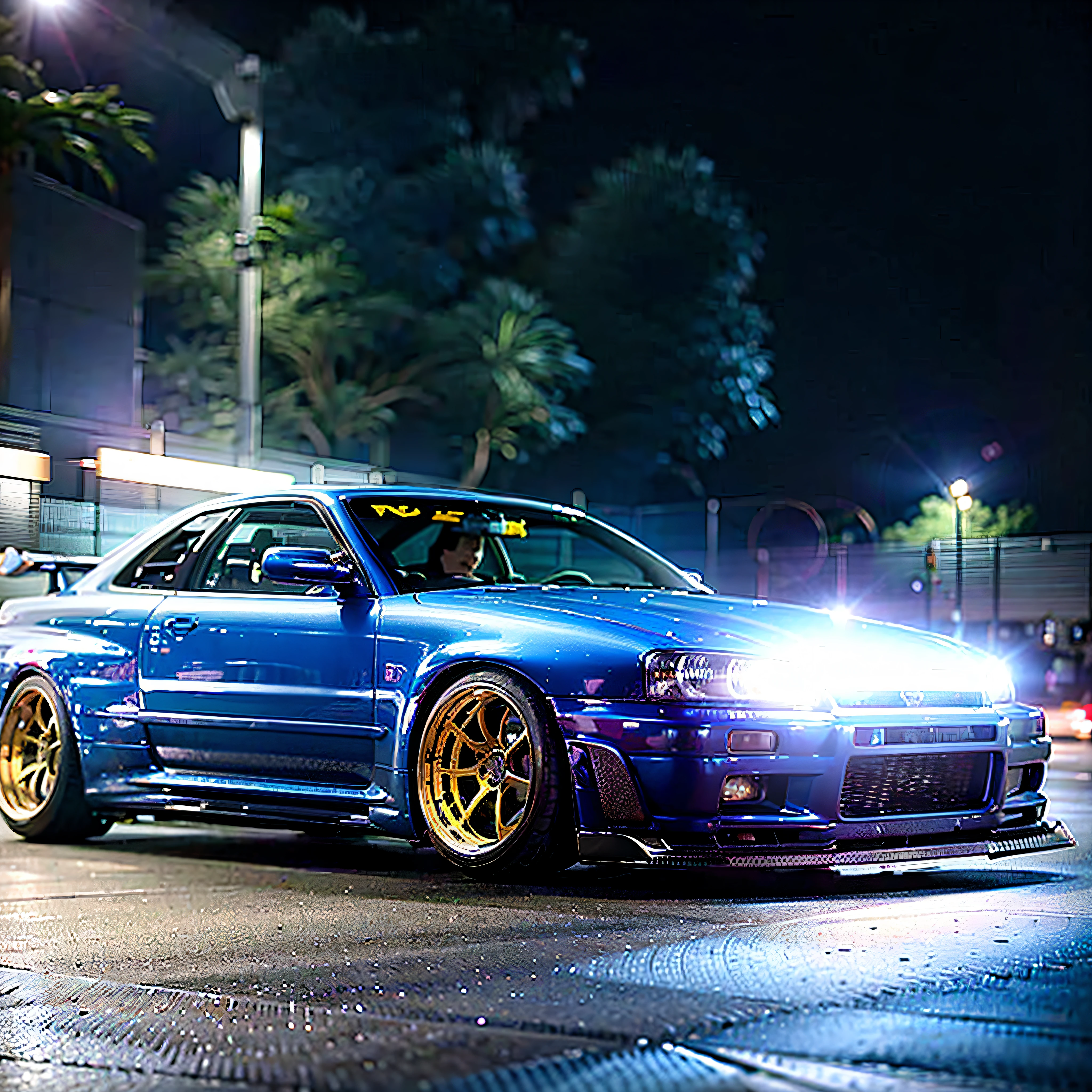 There was a blue car driving down the street, Wide body, japanese drift car, epic stance, Blue headlights, with cool headlights, On the street track, High quality wallpaper, Desktop background, blue neon lights, Frontlighting, wallpaper hd, neonlight, front footage, Nice lighting, mid shot portrait, Rafting around the corner, blue colors