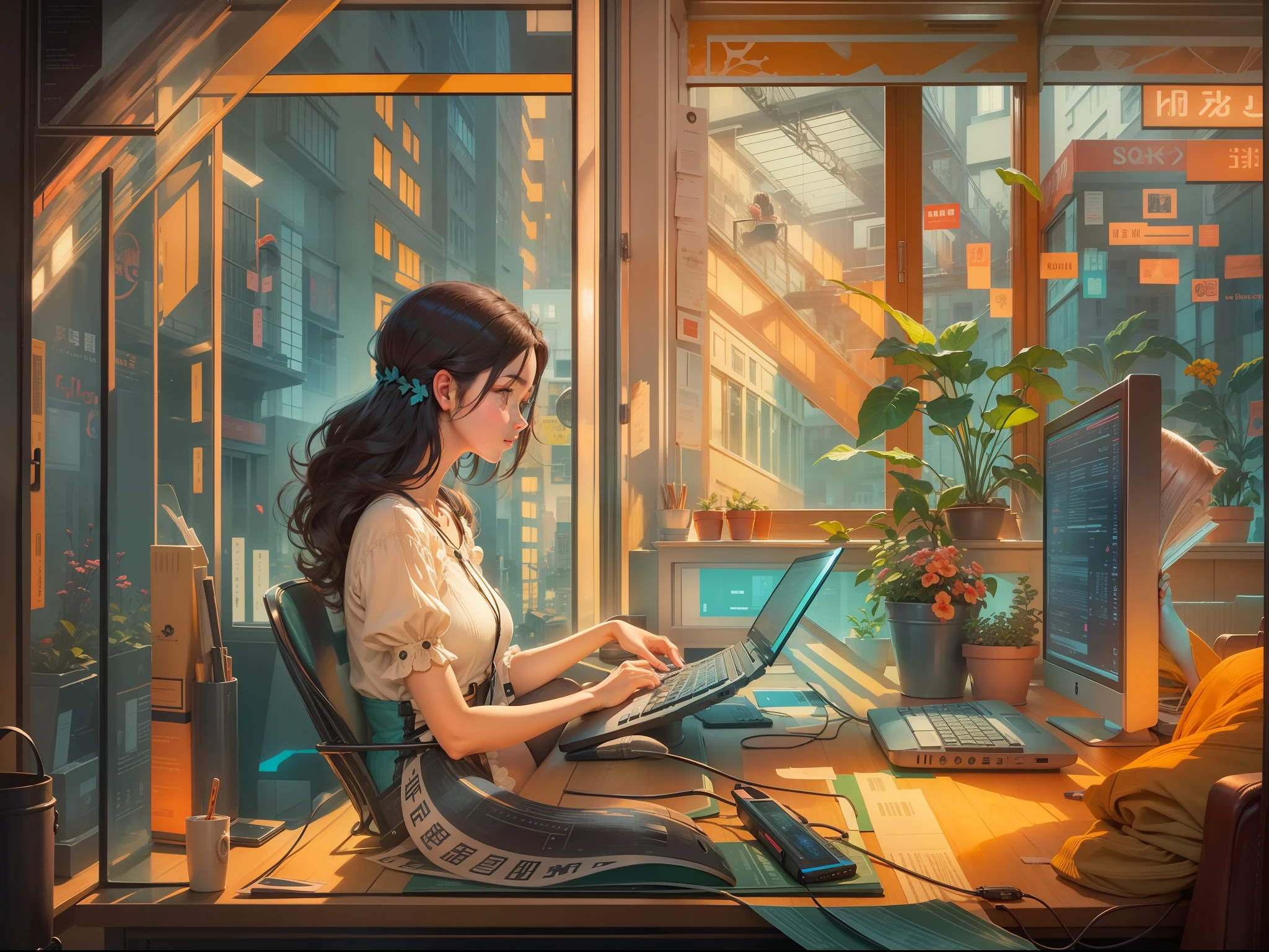 A girl is sitting and typing by the window, looking at the computer screen showing financial transactions, 2d style, art deco, masterpiece, bright color