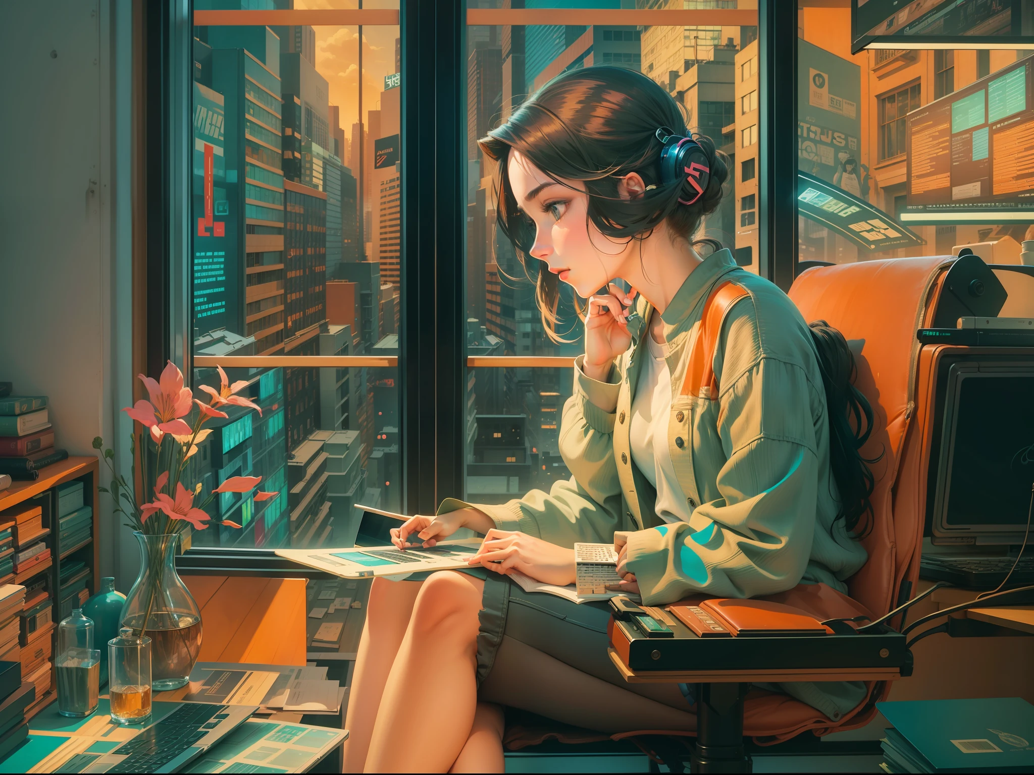 A girl is sitting and typing by the window, looking at the computer screen showing financial transactions, 2d style, art deco, masterpiece, bright color
