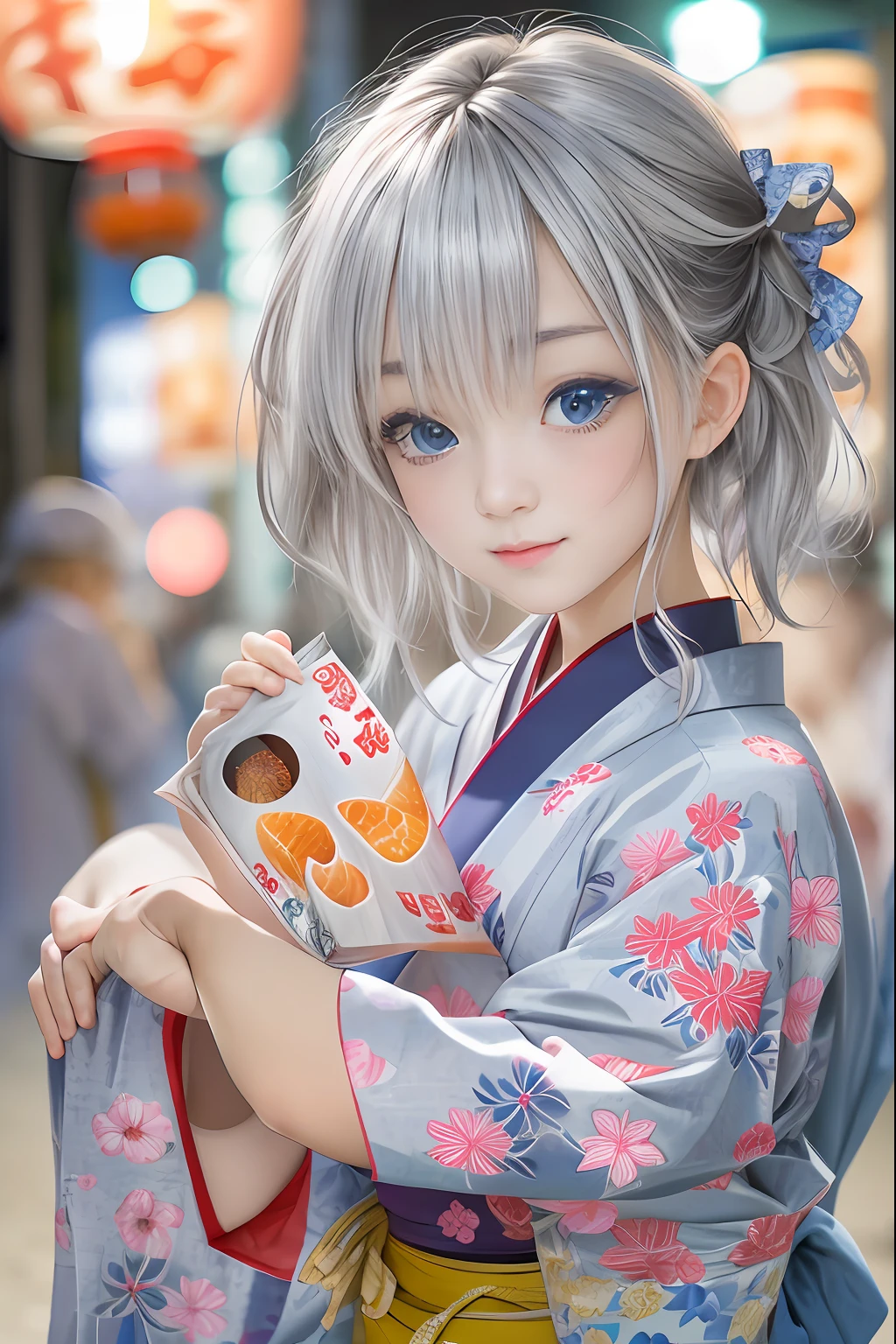 Bon dance festival,young ladys, silver hair, blue eyes, detailed beautiful face, slim body, beautiful young girls,highly realistic photo, cute pose,full body,Sitting at a night market scooping goldfish,yukata,paper lantern