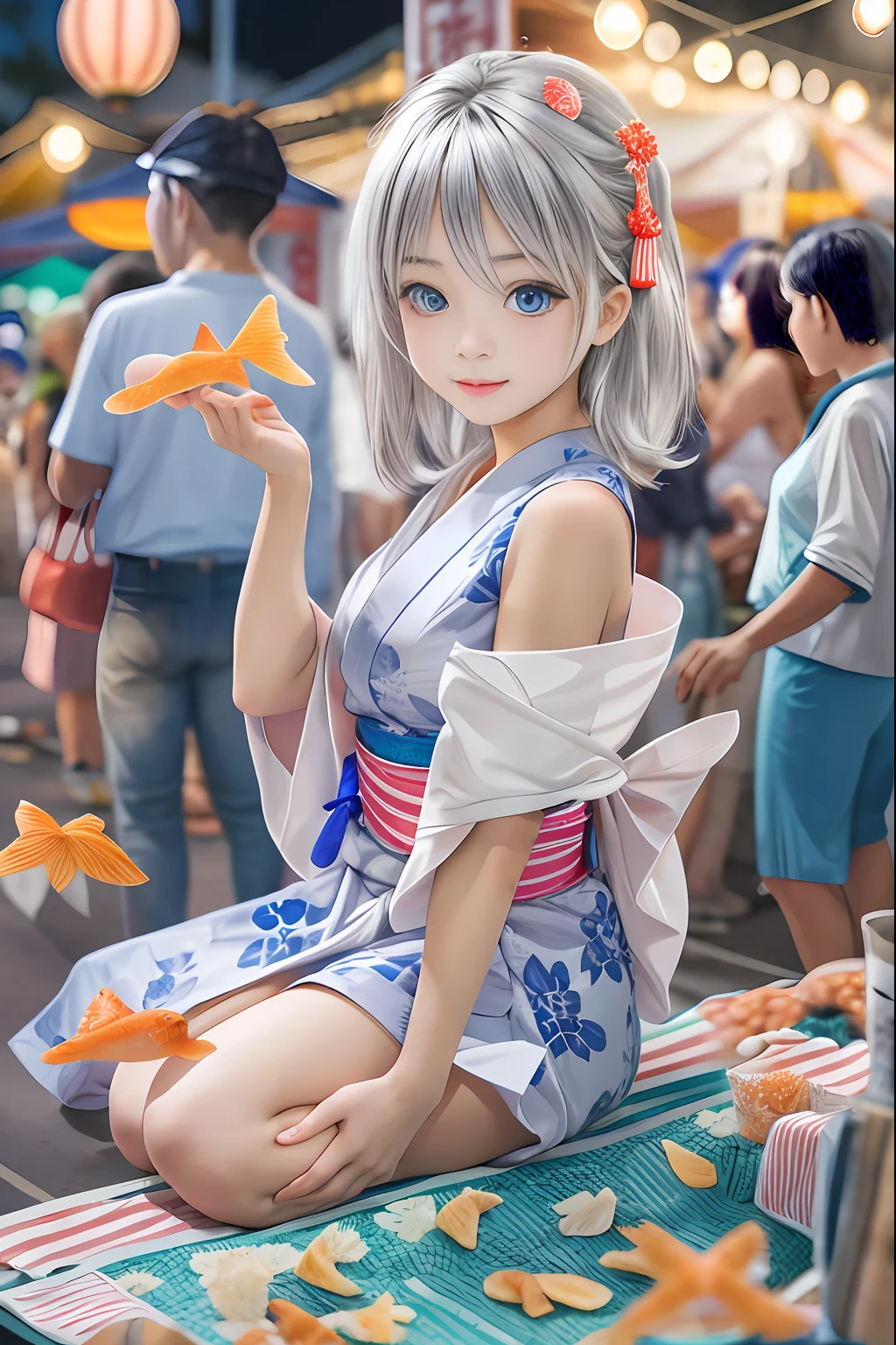 Bon dance festival,young ladys, silver hair, blue eyes, detailed beautiful face, slim body, beautiful young girls,highly realistic photo, cute pose,full body,Sitting at a night market scooping goldfish,yukata,paper lantern