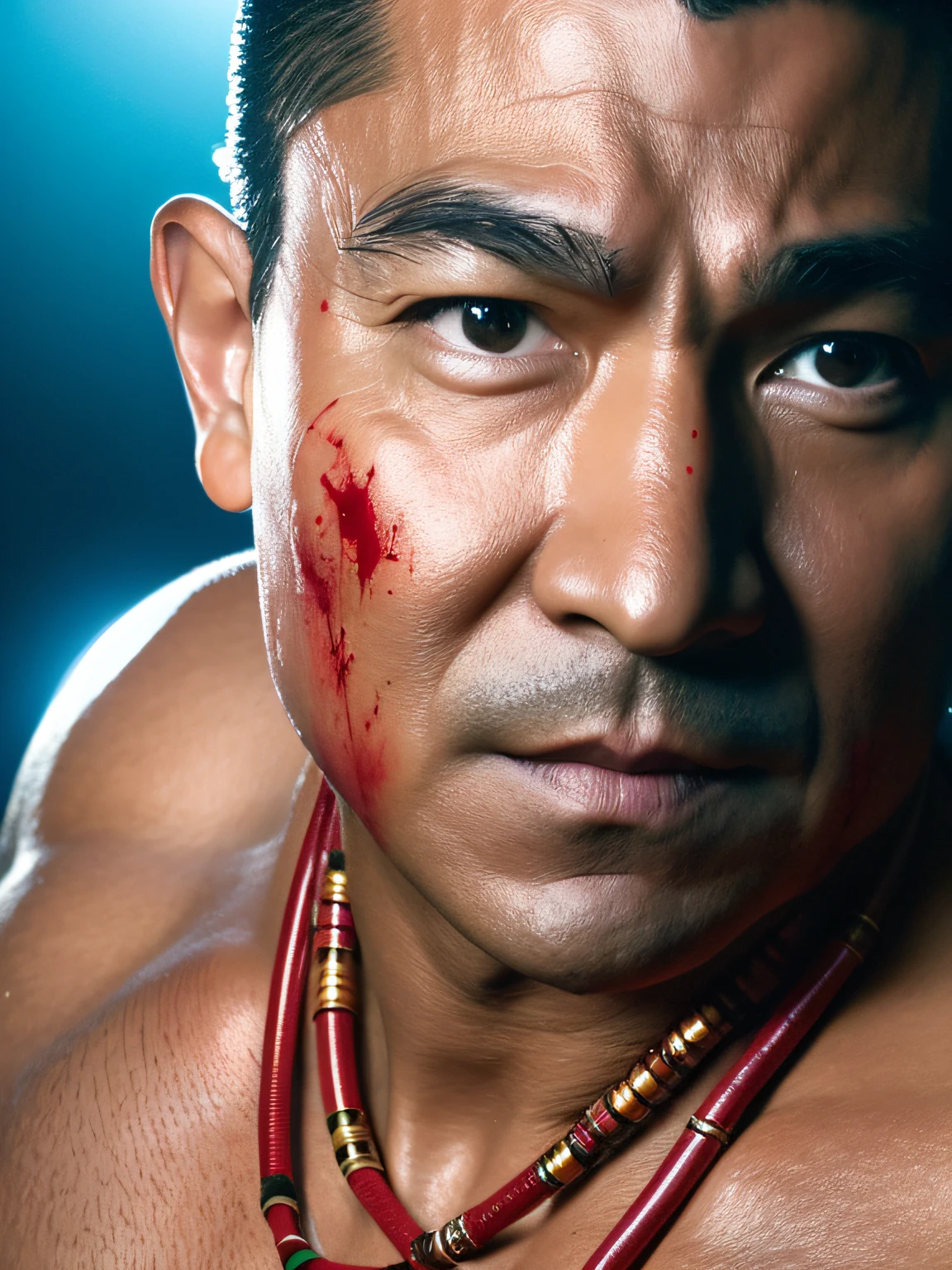 1 man, ((ultra realistic details)), upper body, above the waist portrait, global illumination, shadows, octane render, 8k, ultra sharp, metal, intricate, face detailed, cold colors, asian detail, highly intricate details, realistic light, trending on cgsociety, glowing eyes, facing camera, neon details, mechanical limbs ,blood vessels connected to tubes, by by Mary Ellen Mark