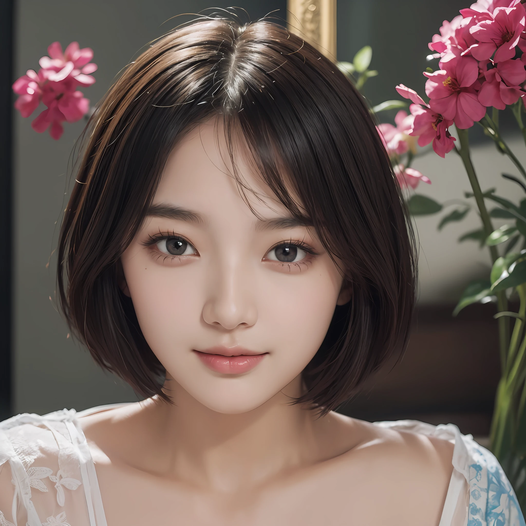 masterpiece、The highest image quality、hightquality、Beautuful Women、japanes、Popular Korean Makeup、detaileds、Swollen eyes、A detailed eye、Detailed skin、Beautiful skins、超A high resolution、(Realistis:1.4)、very extremely beautiful、Slightly younger face、Beautiful skins、thin-waist、(A hyper-realistic)、(illustratio)、(hight resolution)、(8K)、(ighly detailed)(The best illustrations)、(beautifully detailed eyes)、(ultra-detailliert)、(wall-paper)、(详细的脸)、looking at the viewers、fine detailed、 A detailed face、pureerosfaceace_v1、a smile、Looking straight ahead、photos realistic、Bright lighting、profetional lighting、Colorful hair color、(((very_short_hair)))、brightly lit room、painterly、picture frame