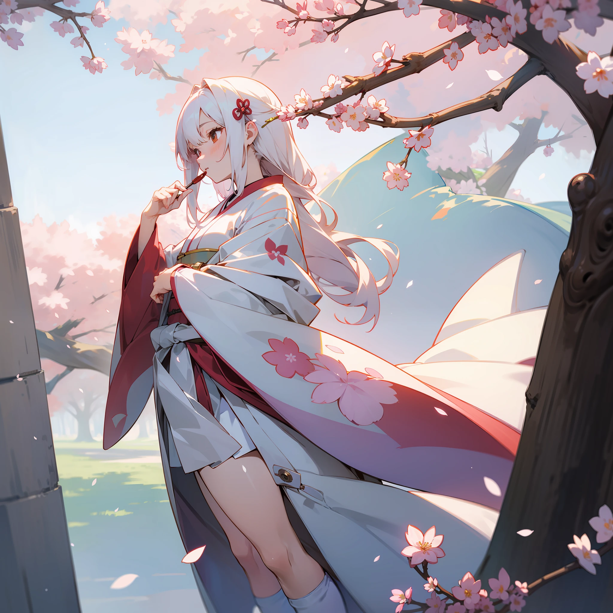 ((best qualtiy)), Beautiful portrait of a genki girl,Sweet girl,the cherry trees,exteriors,White hair,with brown eye,Japanese anime,White robe,Wear flower-shaped hairpins,There are flower-shaped ornaments around the waist,Face the Japanese,adolable,Anime figure,Fan in hand,detail-rich,White knee-length socks,Over-the-knee socks have a cherry blossom pattern